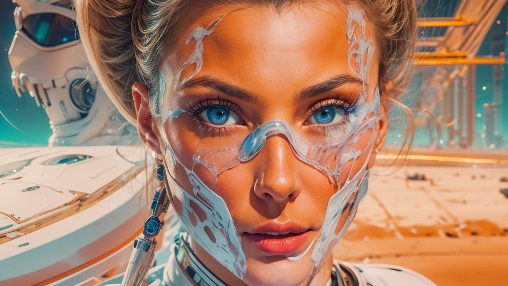 arafed image of a white woman in a futuristic suit with a spaceship in the background, movie art, in front of an orange background, inspired by Robert McGinnis, female protagonist, megastructure in the background, portrait of an ai astronaut, astronauts, an astronaut, portrait of a astronaut skeletor, perfect android girl, detailed eyes, perfectly detailed teeth, frank franzzeta and sakimichan