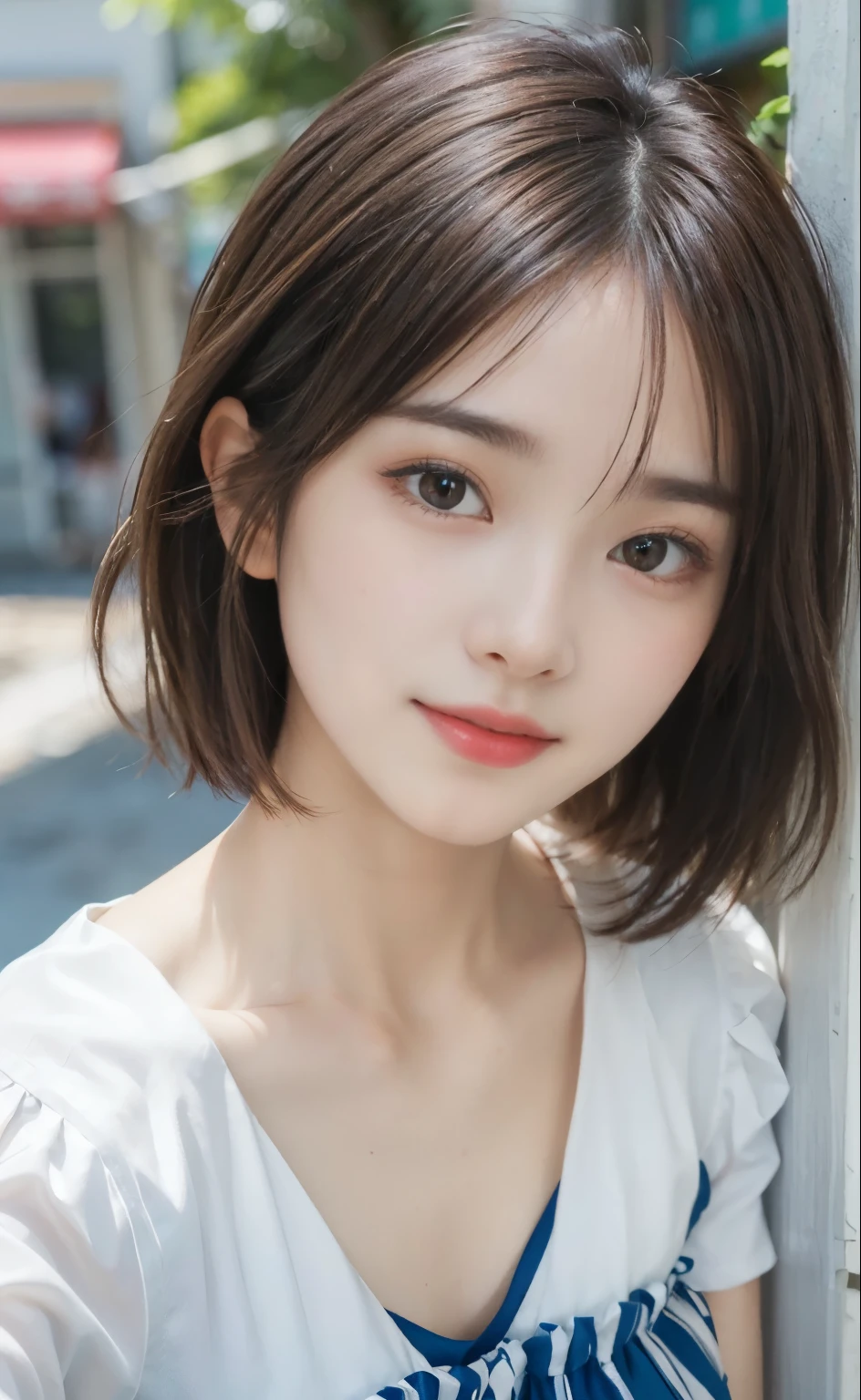Look here and smile、​masterpiece, 1girl in, solo, Luminous Eyes, Colorful summer clothes,  , ​masterpiece, top-quality, realisitic, ultra-detailliert, blue-sky, ,  (extremely delicate and beautiful work), ((masuter piece)), (Best Quality),  One lady, 18year old,   (Sexually aroused face:1.4), ( Shoulder cut hair,(Fair skin:1.2), Bright lighting, Natural lighting, Realistic lighting, Lovely lips、delicated face、(realisitic、Photo_Realistic:1.4)、((top-quality、​masterpiece:1.3))、20yr old、((Brown hair))、((the pose))、((Functional))、、Smile full of happiness、Poses that fascinate a man、seducing smile、short-hair、