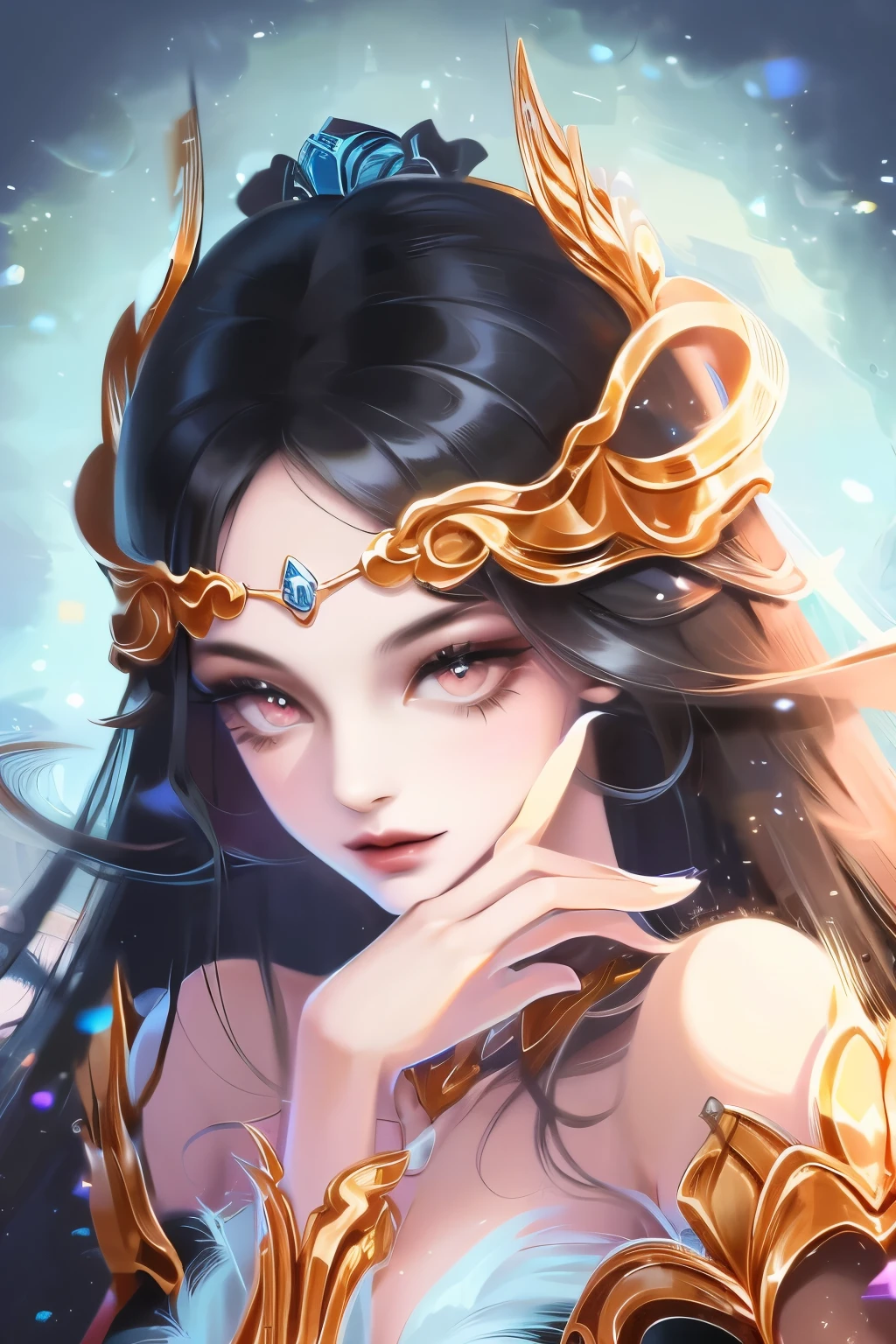Her black hair, luxury, Wavy, Falling gracefully on her shoulders,Flowing gently across her face, Decorate it with a charm.