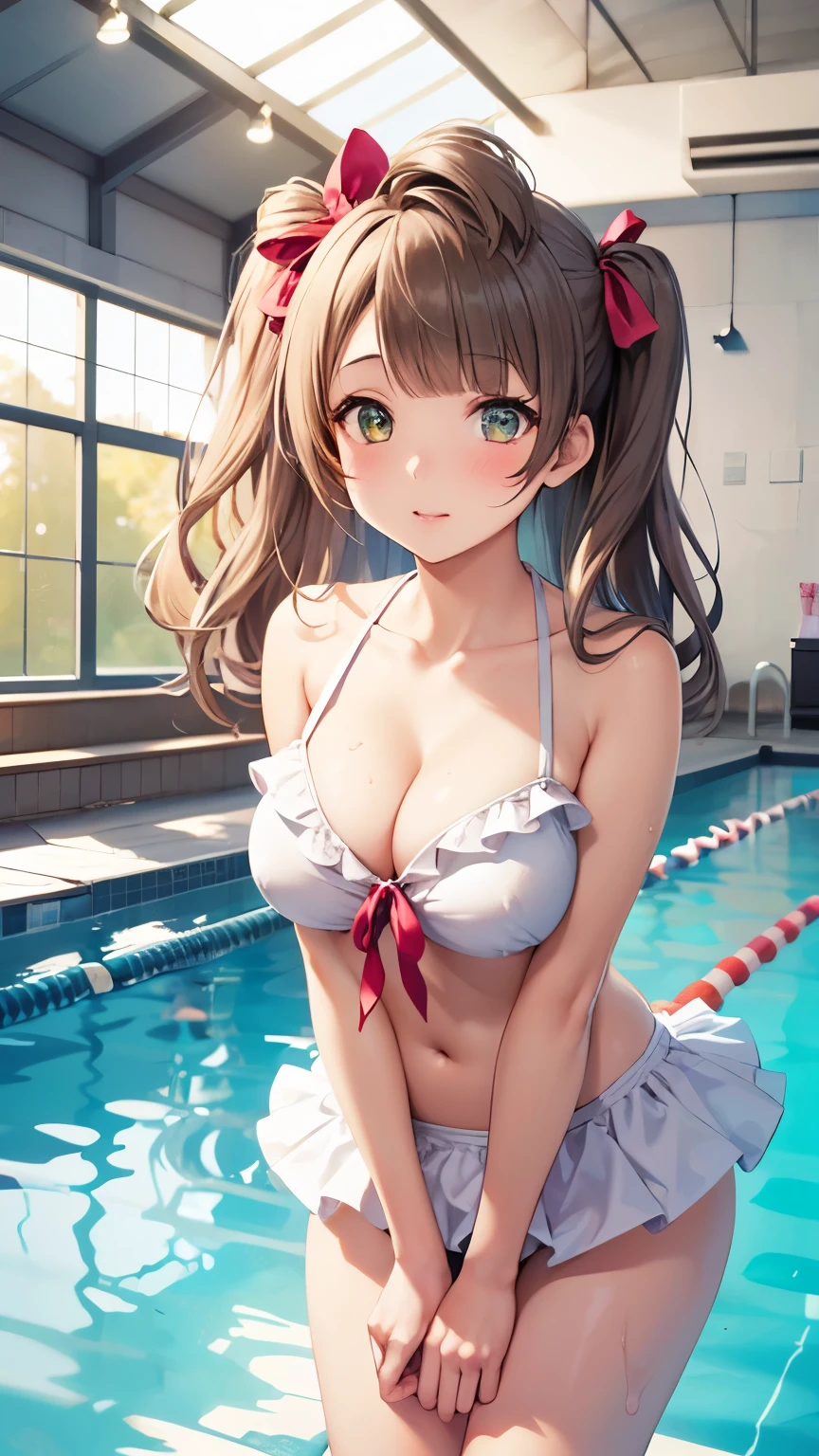 1girl, solo, Minami Kotori, One side up, Hair Ribbon, masterpiece, top quality, high resolution, unity 8k wall paper, illustration, detailed eyes, extra detailed face, Highly detailed CG, glossy lips, light makeup, blush, frilly swimsuit with microskirt, collarbone, indoor pool, cowboy shot