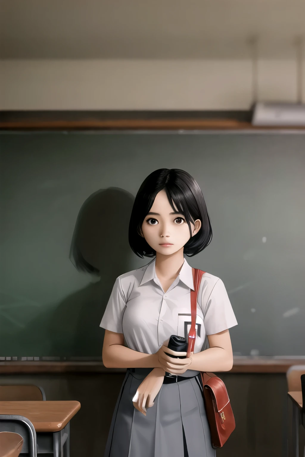 (((Ultra-HD-quality-details))) , Indonesian, Southeast Asian high school girl with a round face, short black hair with a scared expression, white shirt, gray skirt, classroom, carrying a black sling bag, holding a cell phone with the flash on, medium shot portrait, background in the classroom quiet at night there is a shadow of a monster behind,