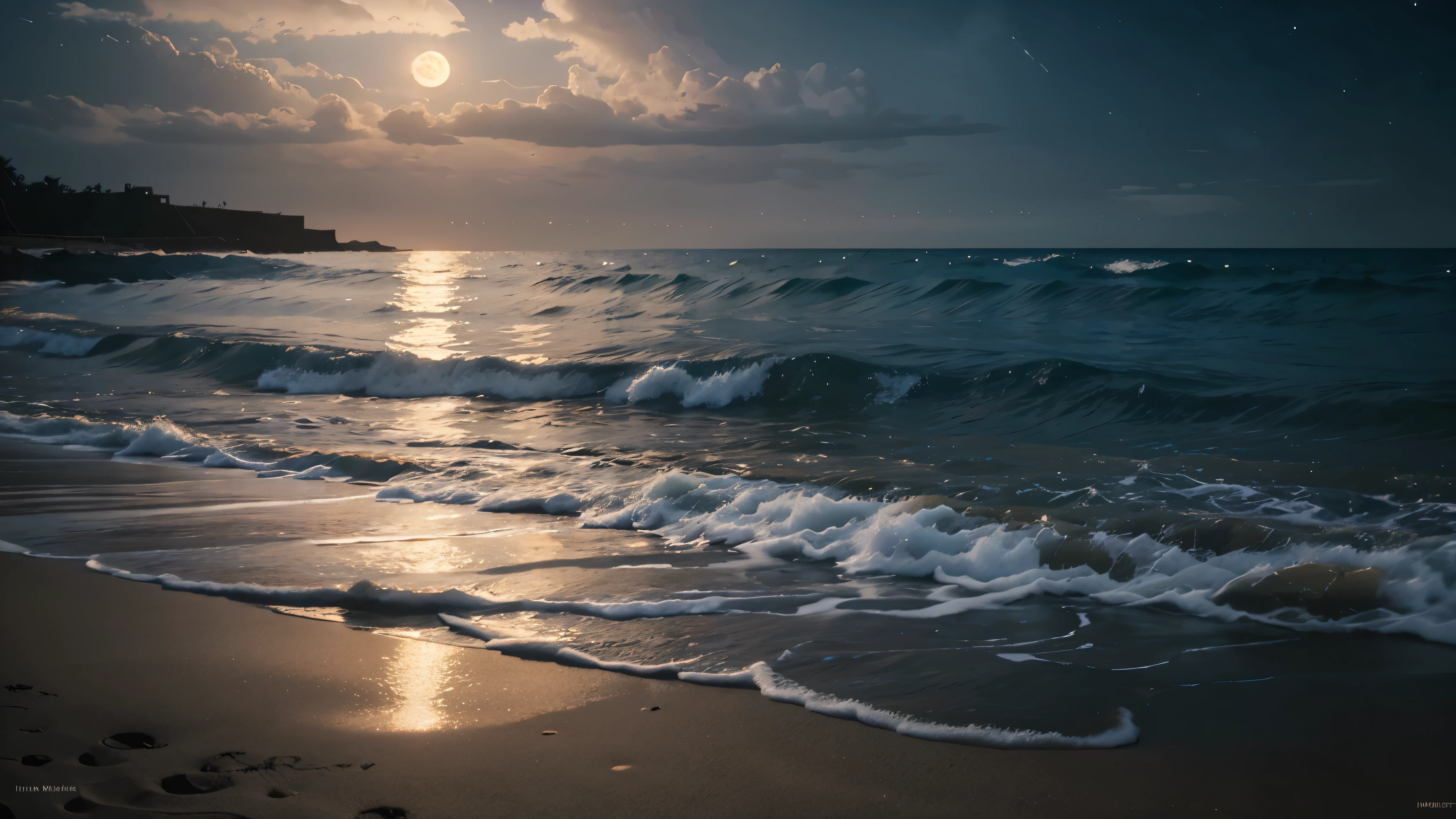 Nice virgin beach at night with a big full moon that is reflected in the very rough water. Digital painting, artstation, concept art, soft focus, sharp, illustration.