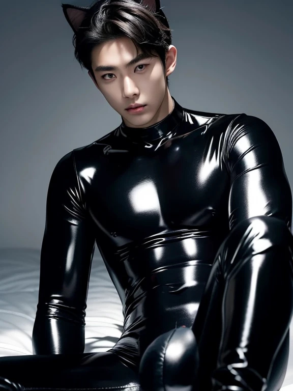 Korean man , teenager, latex、Cat pattern Bodysuit、black cat ears on his head , bulge , Visible up to the legs、whole body , realistic good looking Korean face , Natural Muscle , Beardless face、masterpiece、High resolution、Hyperrealism、Detailed face、alone、male、Glowing Skin、(Asian)、(young、teenager)、good looking、Detailed Background、good looking