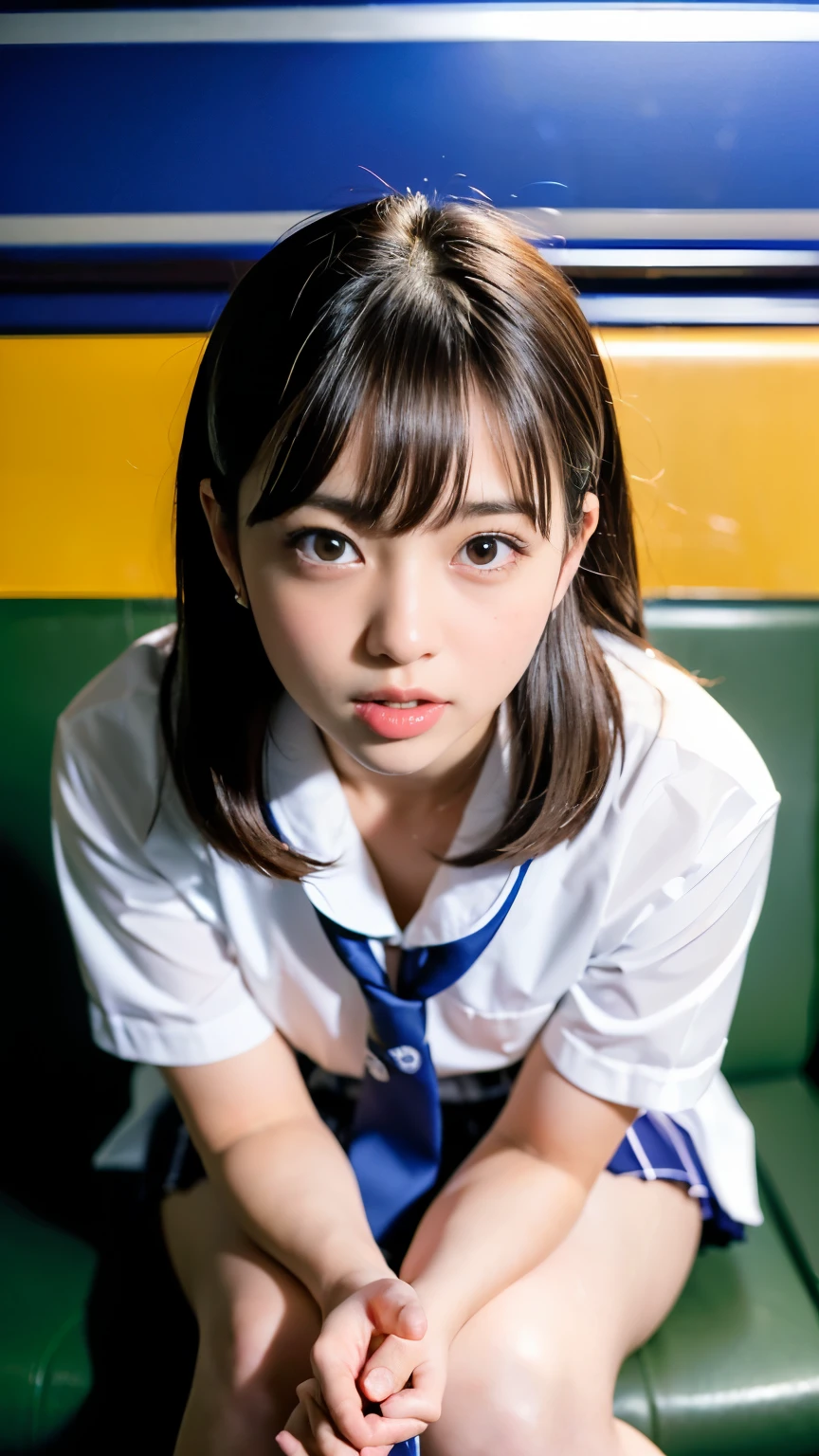 (Best-quality, Masterpiece, Ultra-High-Resolution, (Photorealistic:1.4), Raw Photo, depth of field, professional lighting, perfect anatomy, extremely details), 1girl, 15-years-old, the most famous Japanese idol, sitting on train, ((wearing Japanese high-school uniform)), looking at viewer, (((get sexual-excited, feeling very strong sexual arousal, extremely cute orgasms-face, extremely cute and extremely big orgasms-eyes, extremely beautiful orgasms skins, orgasm-pose))), extremely cute hair, extremely cute long-eyelashes, extremely cute lips, extremely cute body,