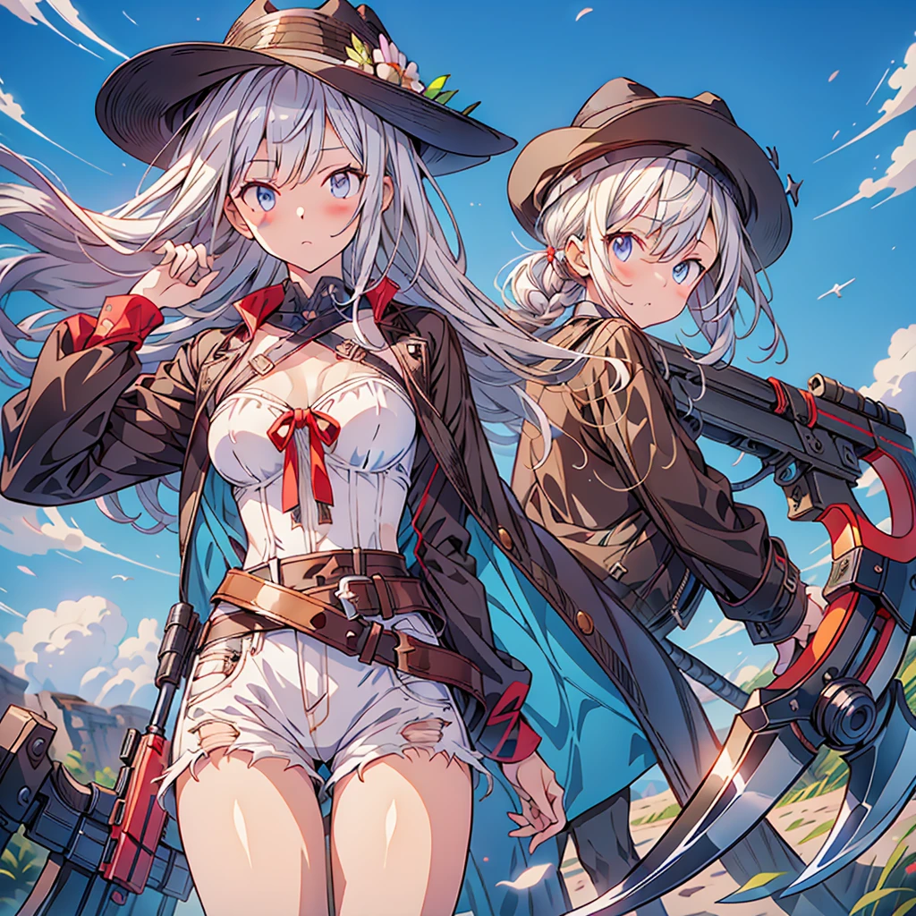 highest quality、Masterpiece、Official Art、The best composition、Western Hat、Western Boots、White bustier、hot pants、Gun hanging from waist、Wind、deep focus,absurdres、detailed eyes and face、minaba hideo、 Grim Reaper's Scythe、Future flying vehicles、