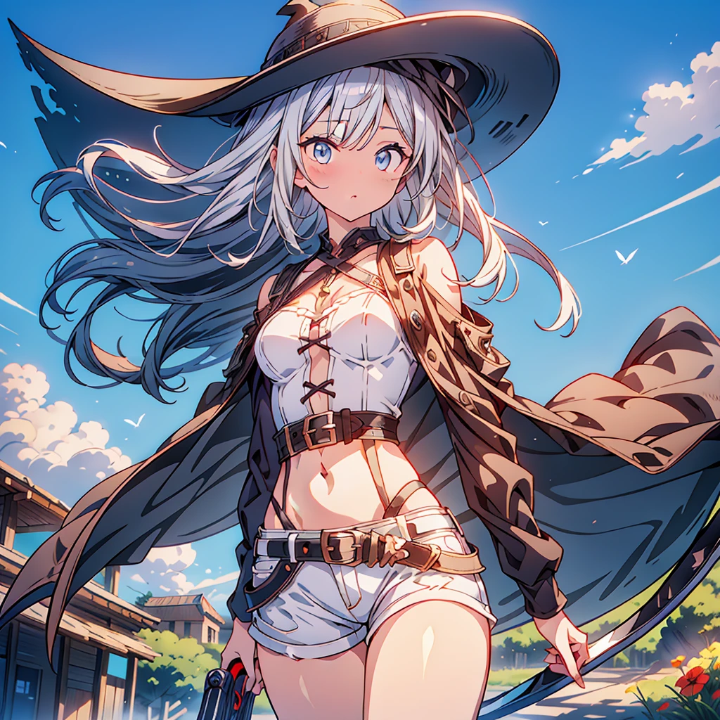 highest quality、Masterpiece、Official Art、The best composition、Western Hat、Western Boots、White bustier、hot pants、Gun hanging from waist、Wind、deep focus,absurdres、detailed eyes and face、minaba hideo、 Grim Reaper's Scythe、Future flying vehicles、