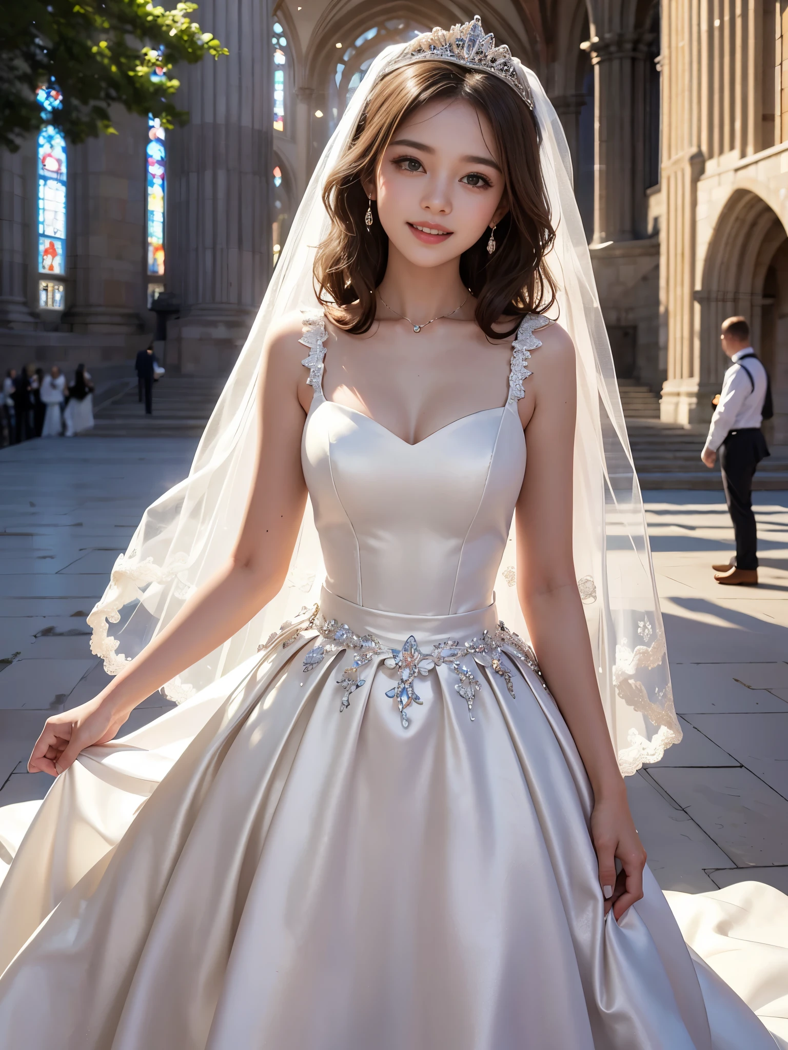 best quality, masterpiece, 1 girl, huge laugh, cute , shiny lips, sweet, sun glare, Conservative attire, wedding dress, bridal tiara, depth of field, blurred background, Cathedral Background, light particles, strong wind, head tilt