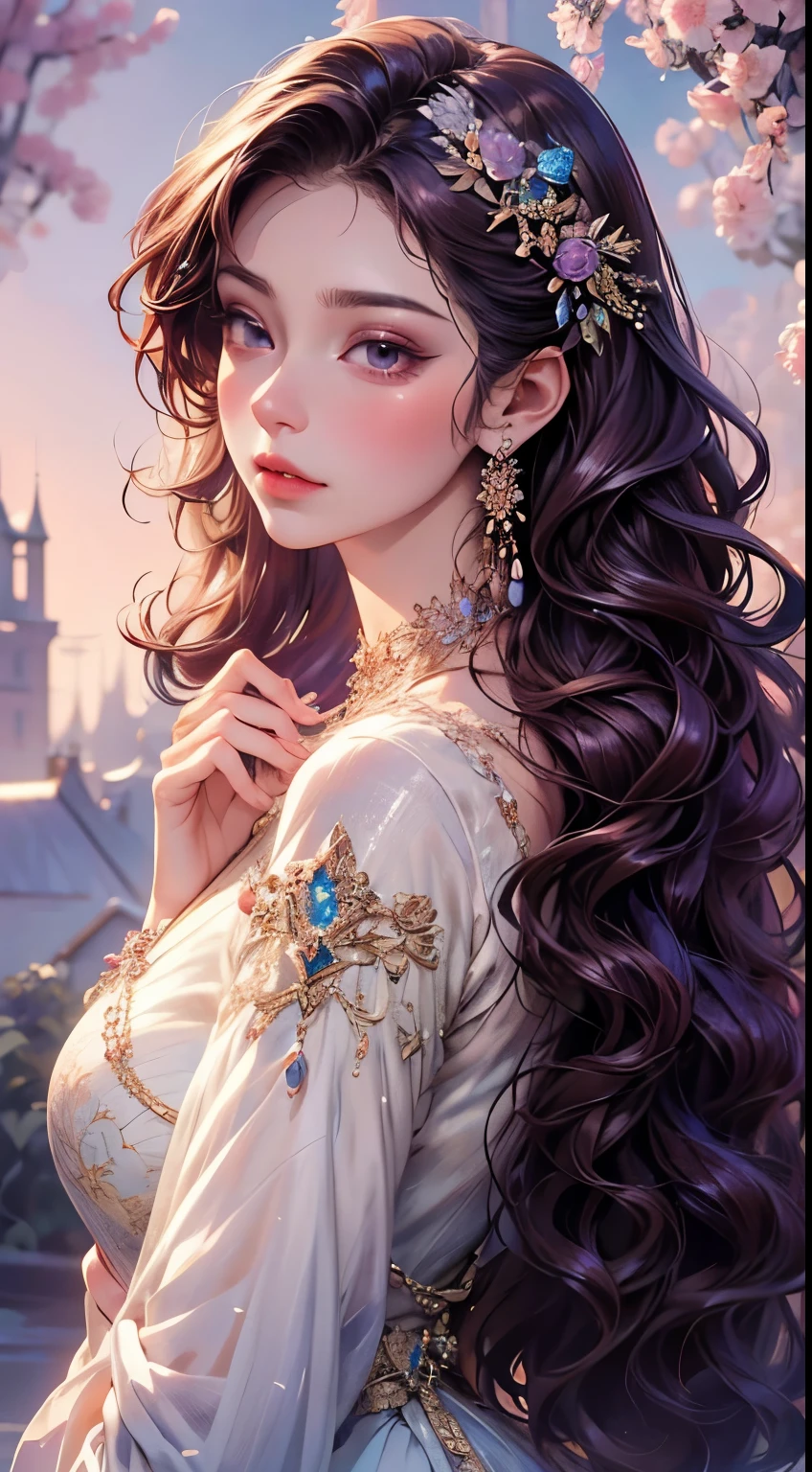 beautiful elegant woman, photorealistic, 8k, hyperdetailed, masterpiece, fantasy art, dreamlike background, 1 adult female, clean detailed face, beautiful warm brown eyes, shiny purple hair, lovely light blue dress with intricate embroidery, luxurious jewelry, mesmerizing detailed art