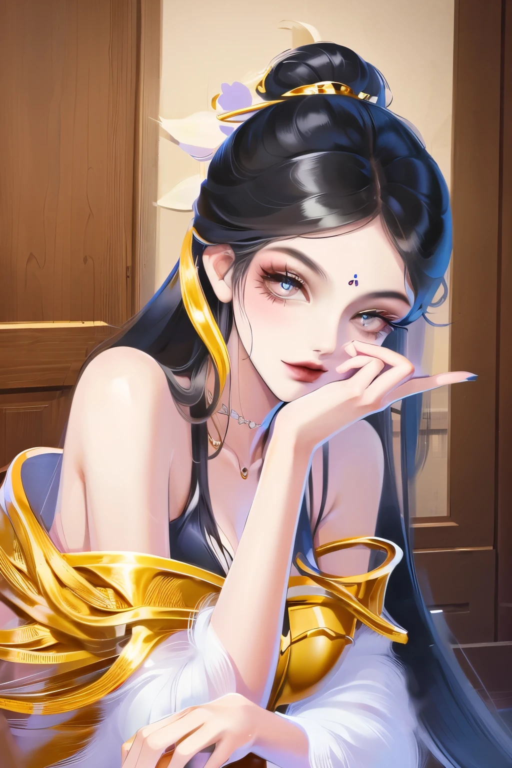 Her black hair, luxury, Wavy, Falling gracefully on her shoulders,Flowing gently across her face, Decorate it with a charm.