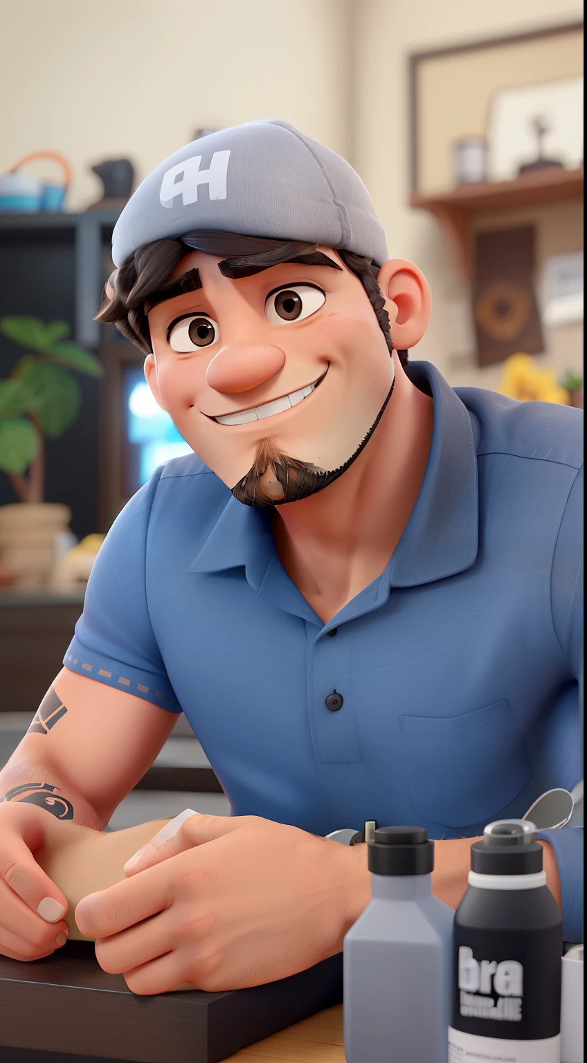 hombre fuerte, pelo negro corto, small beard, Brazo izquierdo completamente tatuado con cara sonriente., black shirt with a thinner nose