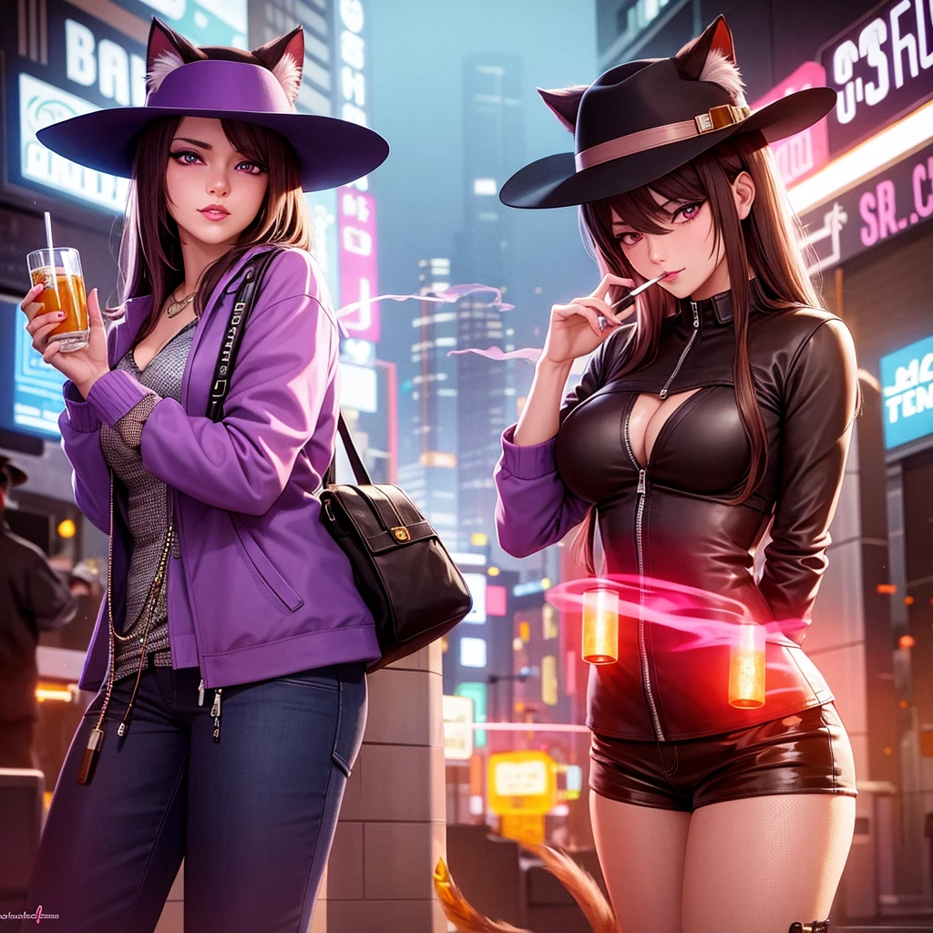 Anthropomorphic Cat/Feline with purple eyes wearing stetson cowboy hat smoking a cigarette in a cyberpunk city at night