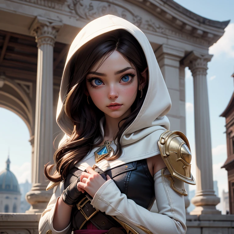 A full-body shot of depraved Princess Zelda, brown hair, blue eyes, dressed as an Assassin from Assassins Creed, in white+gold witha white mask and hood with gold details, XL bust, using a wrist blade. Background: A city during the renaissance period. Unreal Engine 5, Anime, Anime style, Masterpiece, Well drawn eyes, well drawn face, well detailed eyes, well detailed face, 8k, light and shadow effect.