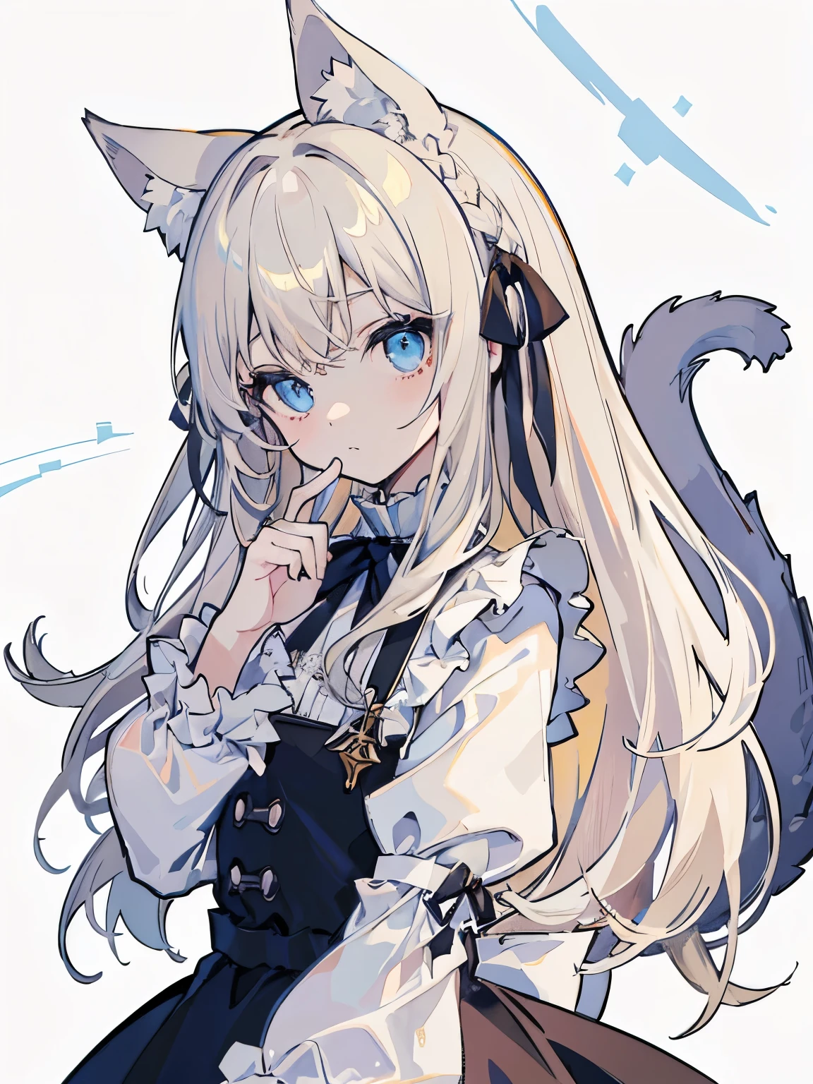Beige Hair、Cat-eared girl、Light blue eyes、Light beige hair、白いFrillsシャツ、Frills、Black dress、Braided Hair、Black Hair Ribbon、mysterious、High quality、Depth of written boundary、Expressionless