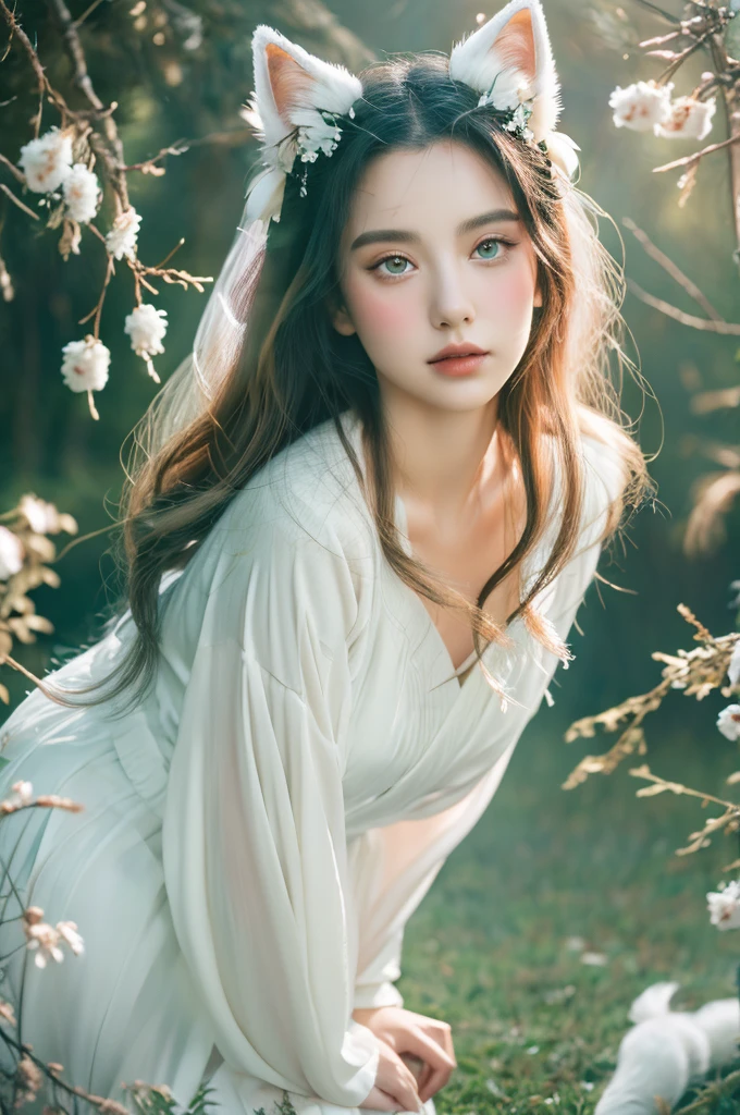 ( masterpiece, top quality, best quality,8k, girl,ultra detailed,raw photo:1.5),(photorealistic:1.4),(cinematic lighting), PerfectNwsjMajic, , Surrealism, UHD, ccurate, Super detail, textured skin, High detail, Best quality, dynamic angle, (high nose,White skin),[Beautiful blue eyes],[flat chest:large breasts:0.5],(1girl),(good anatomy:0.5)), Nine snow-white fox tails (1.0), Milky white fox tail (1.0), Close-up of nine-tailed fox, Nine tails, Nine tails，There are flowers on the hair, Very beautiful fox girl, Beautiful anime fox girl, Beautiful fantasy, guweiz, girl with fox ears, Very beautiful and charming fox girl, flower rain, The background  blurred, Dreamy atmosphere,mystical ambiance, Artistic interpretation,a whimsical illustration, Subtle colors and tones, mystical aura,vixen , hairstyle