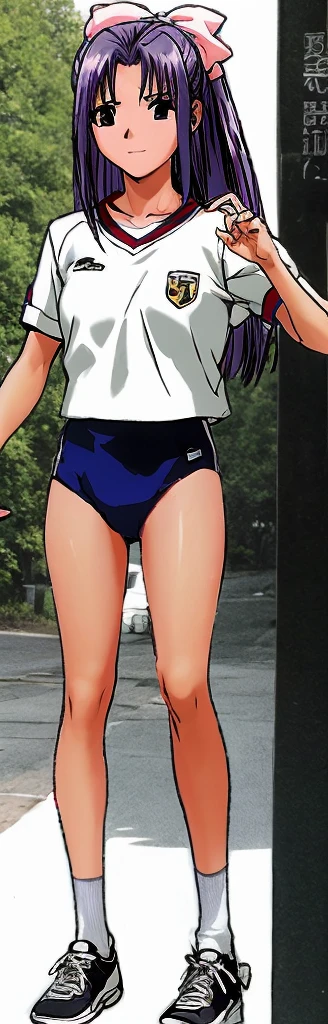 Momoko Koigakubo, a tall girl with beautiful legs, is wearing white gym clothes and light navy blue bloomers that look like panties, and is standing with her legs spread to the sides, doing the Komaneci pose with both hands, smiling.。