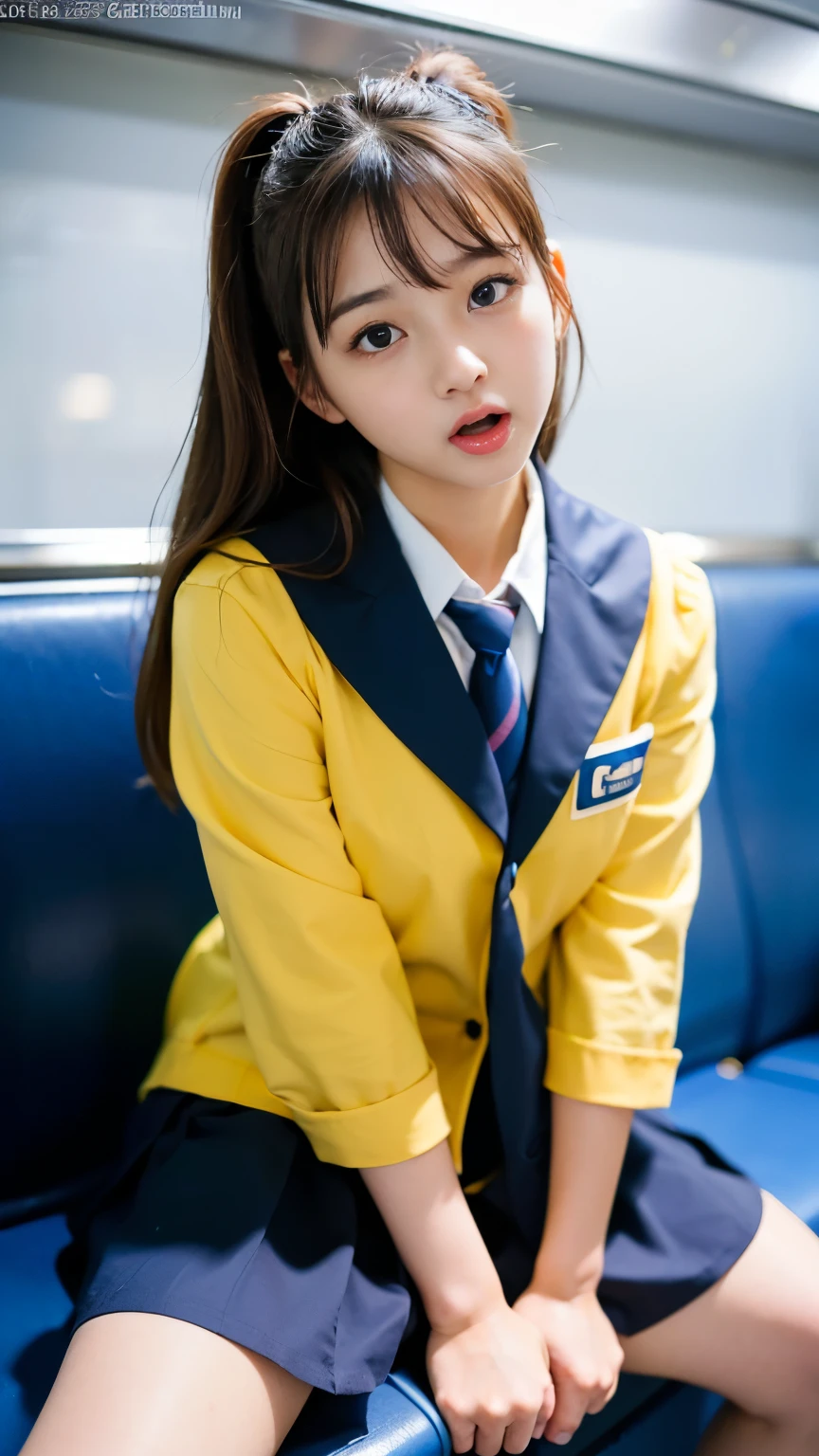 (Best-quality, Masterpiece, Ultra-High-Resolution, (Photorealistic:1.4), Raw Photo, depth of field, professional lighting, perfect anatomy, extremely details), 1girl, -yeld, thost famous Japanese idol, sitting on train, ((wearing Japanese high-school uniform)), looking at viewer, ((get sexual-excited, feeling very strong sexual arousal):1.1), (((extremely cute orgasms-face, extremely cute and extremely big orgasms-eyes, extremely beautiful orgasms skins, orgasm-pose))), extremely cute hair, extremely cute long-eyelashes, extremely cute lips, extremely cute body,