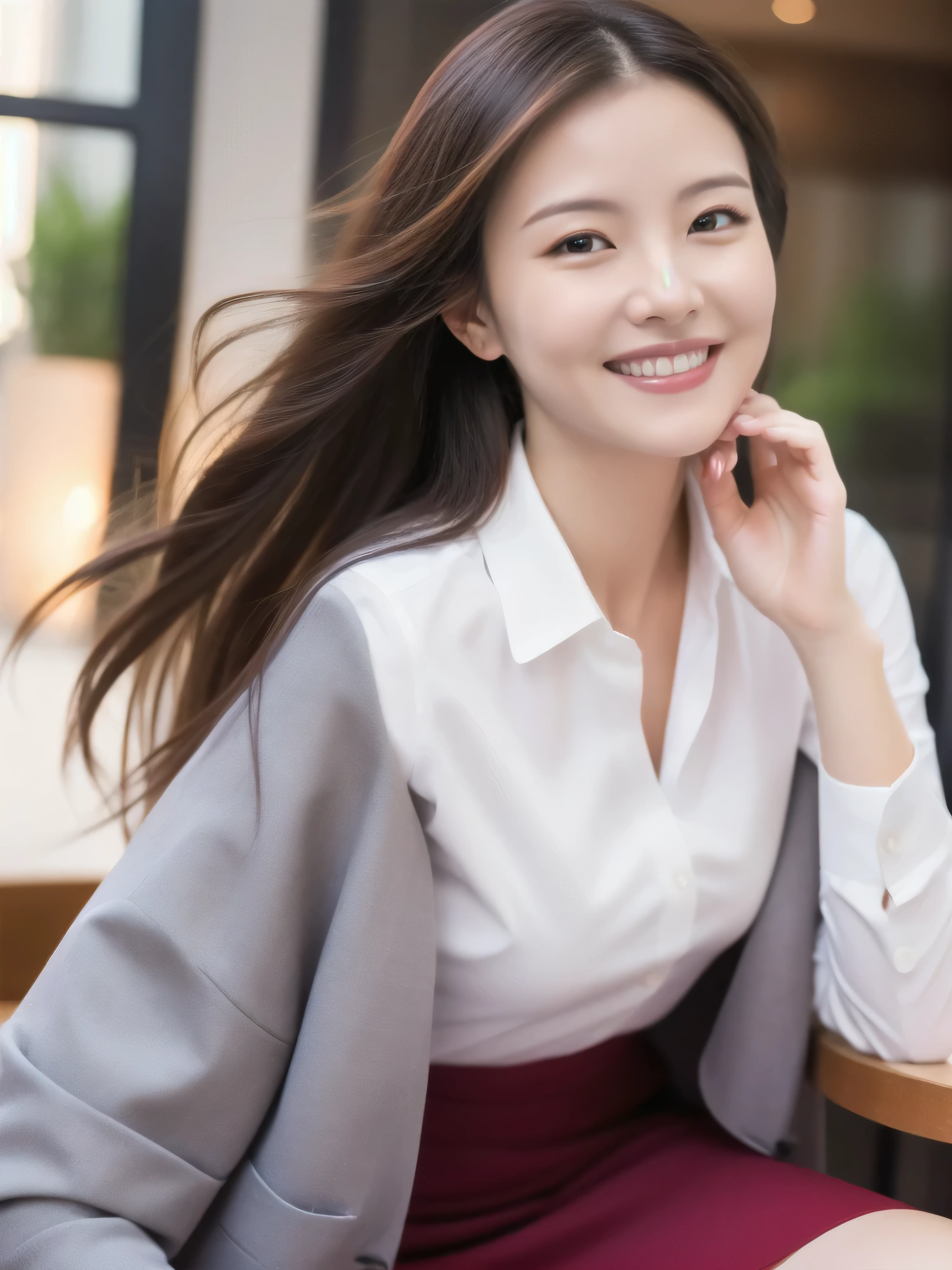 Married Woman's Face、30 years old、Middle-aged women、Business jacket、skirt、Beautiful legs、High quality、Ultra-realistic、A cheerful smile、Married woman's body type、Japanese Wife、 Perfect Eyes、Radiant Skin、Tokyo Station