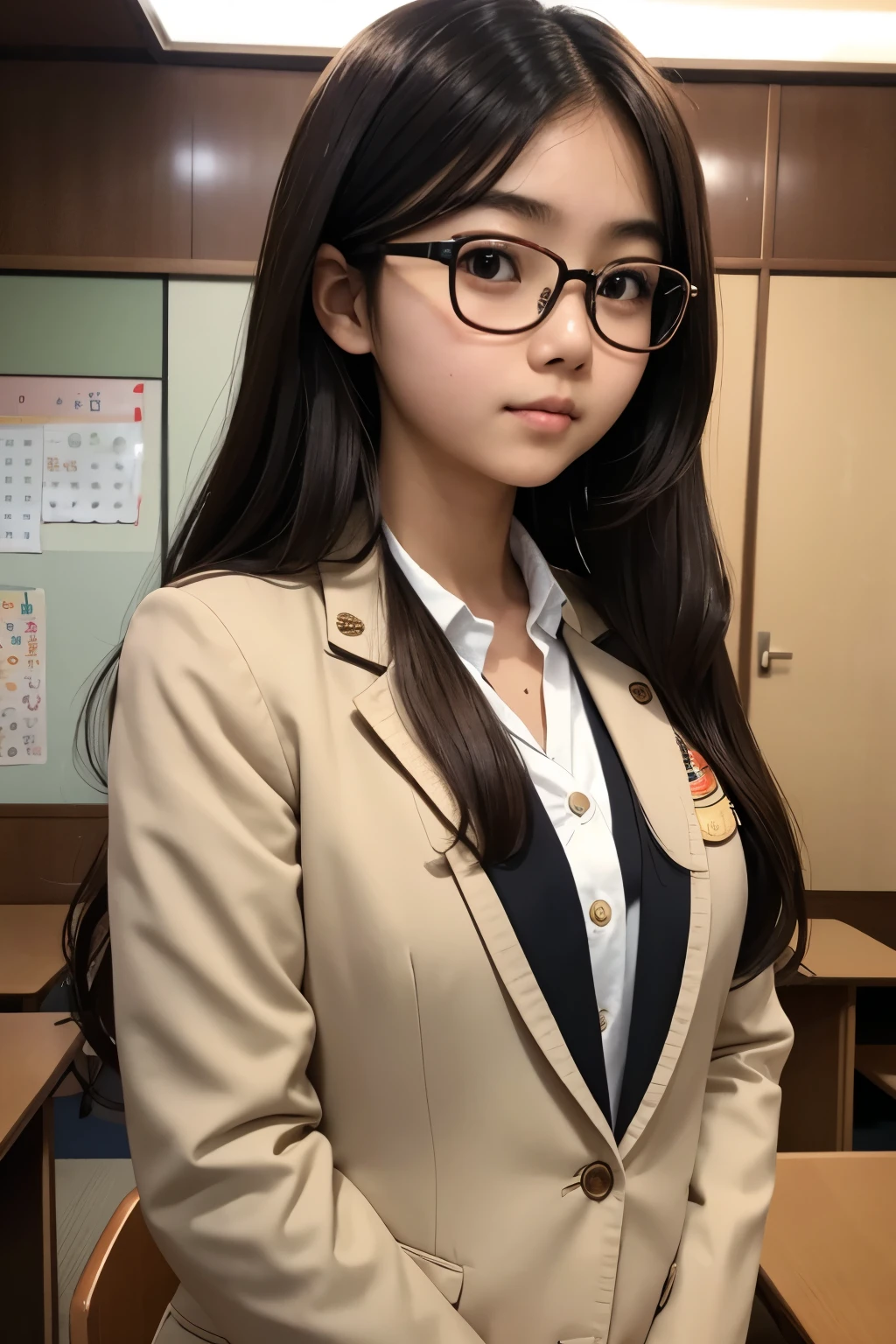 detailed face of photo. 20 year old white skin slim body Indonesian girl with a sweet  face,   round face chubby face and long brown wavy hair, round glasses wearing Japanese high school girl uniform with black blazer outer in Japanese school