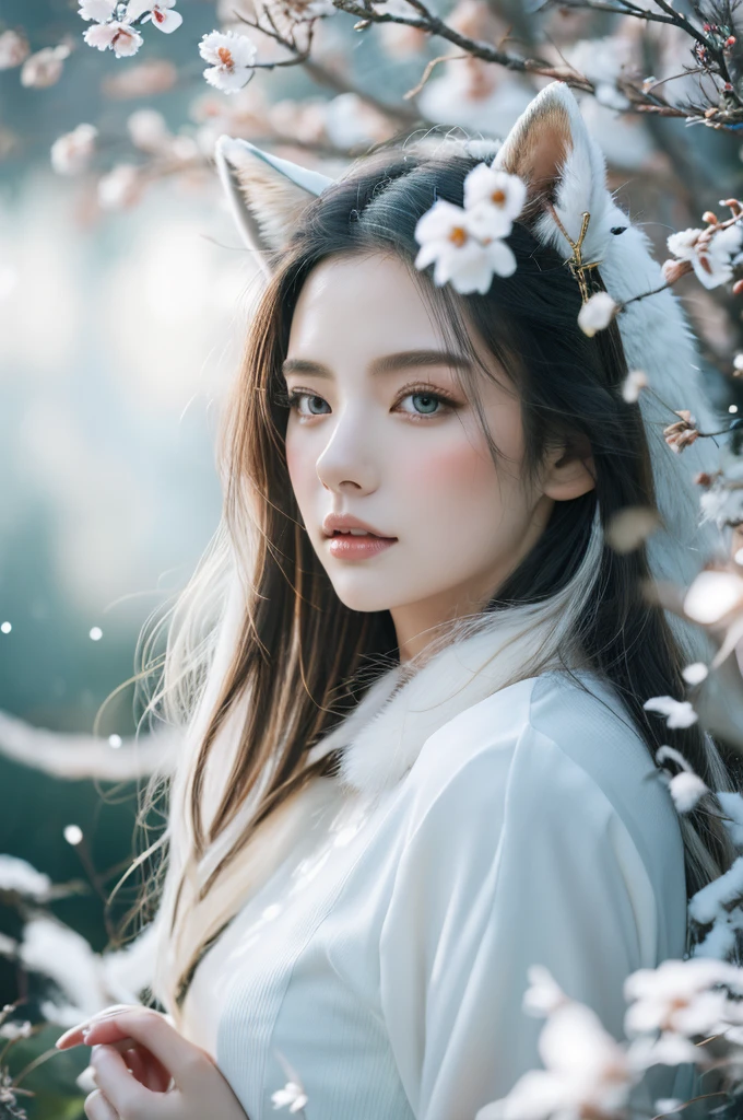 ( masterpiece, top quality, best quality,8k,17 years old girl,ultra detailed,raw photo:1.5),(photorealistic:1.4),(cinematic lighting), PerfectNwsjMajic, , Surrealism, UHD, ccurate, Super detail, textured skin, High detail, Best quality, dynamic angle, (high nose,White skin),[Beautiful blue eyes],[flat chest:large breasts:0.5],(1girl),(good anatomy:0.5)), Nine snow-white fox tails (1.0), Milky white fox tail (1.0), Close-up of nine-tailed fox, Nine tails, Nine tails，There are flowers on the hair, Very beautiful fox girl, Beautiful anime fox girl, Beautiful fantasy, guweiz, girl with fox ears, Very beautiful and charming fox girl, flower rain, The background  blurred, Artistic interpretation,a whimsical illustration, Subtle colors and tones, mystical aura, vixen , long hair