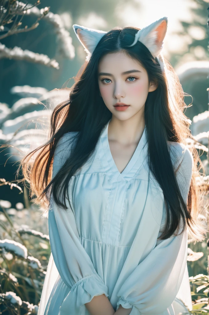 ( masterpiece, top quality, best quality,8k,17 years old girl,ultra detailed,raw photo:1.5),(photorealistic:1.4),(cinematic lighting), PerfectNwsjMajic, , Surrealism, UHD, ccurate, Super detail, textured skin, High detail, Best quality, dynamic angle, (high nose,White skin),[Beautiful blue eyes],[flat chest:large breasts:0.5],(1girl),(good anatomy:0.5)), Nine snow-white fox tails (1.0), Milky white fox tail (1.0), Close-up of nine-tailed fox, Nine tails, Nine tails，There are flowers on the hair, Very beautiful fox girl, Beautiful anime fox girl, Beautiful fantasy, guweiz, girl with fox ears, Very beautiful and charming fox girl, flower rain, The background  blurred, Artistic interpretation,a whimsical illustration, Subtle colors and tones, mystical aura, vixen , long hair