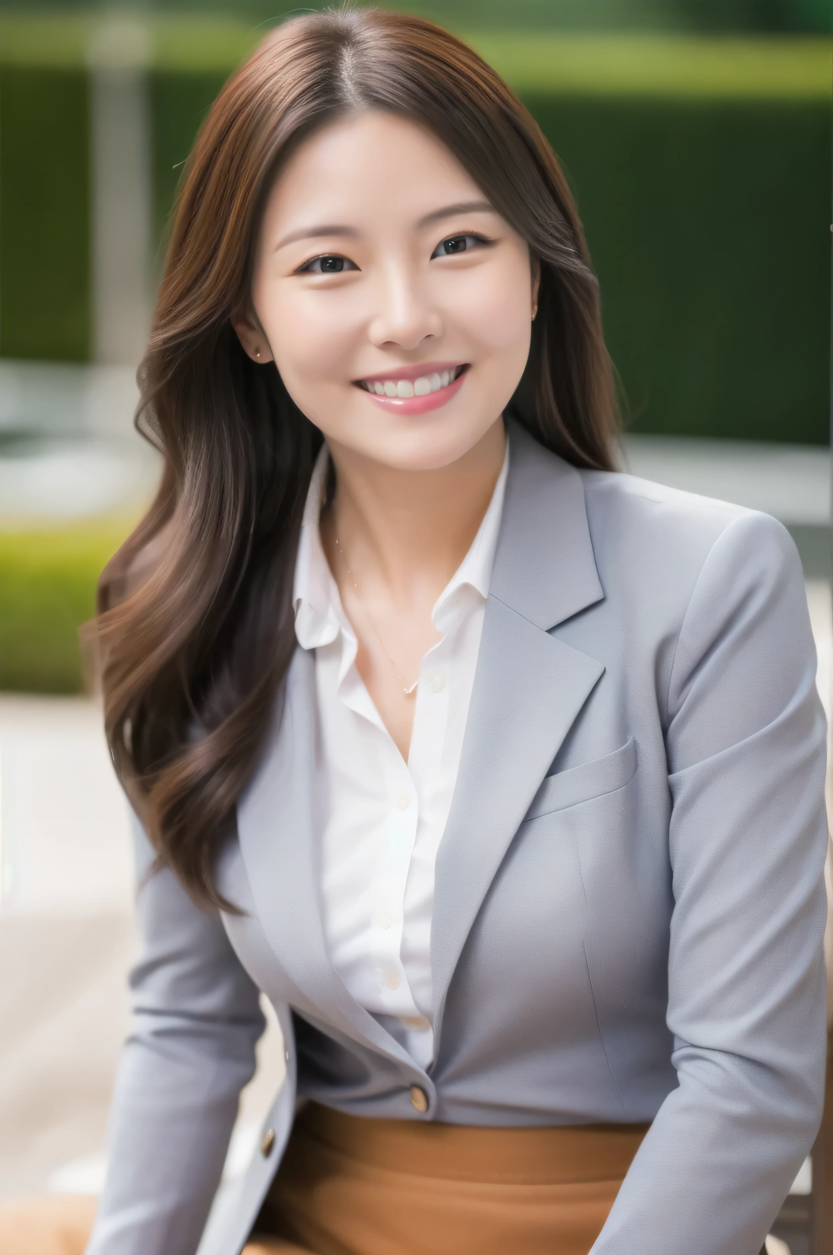 Married Woman's Face、30 years old、Middle-aged women、Business jacket、skirt、Beautiful legs、High quality、Ultra-realistic、A cheerful smile、Married woman's body type、Japanese Wife、 Perfect Eyes、Radiant Skin、Tokyo Station