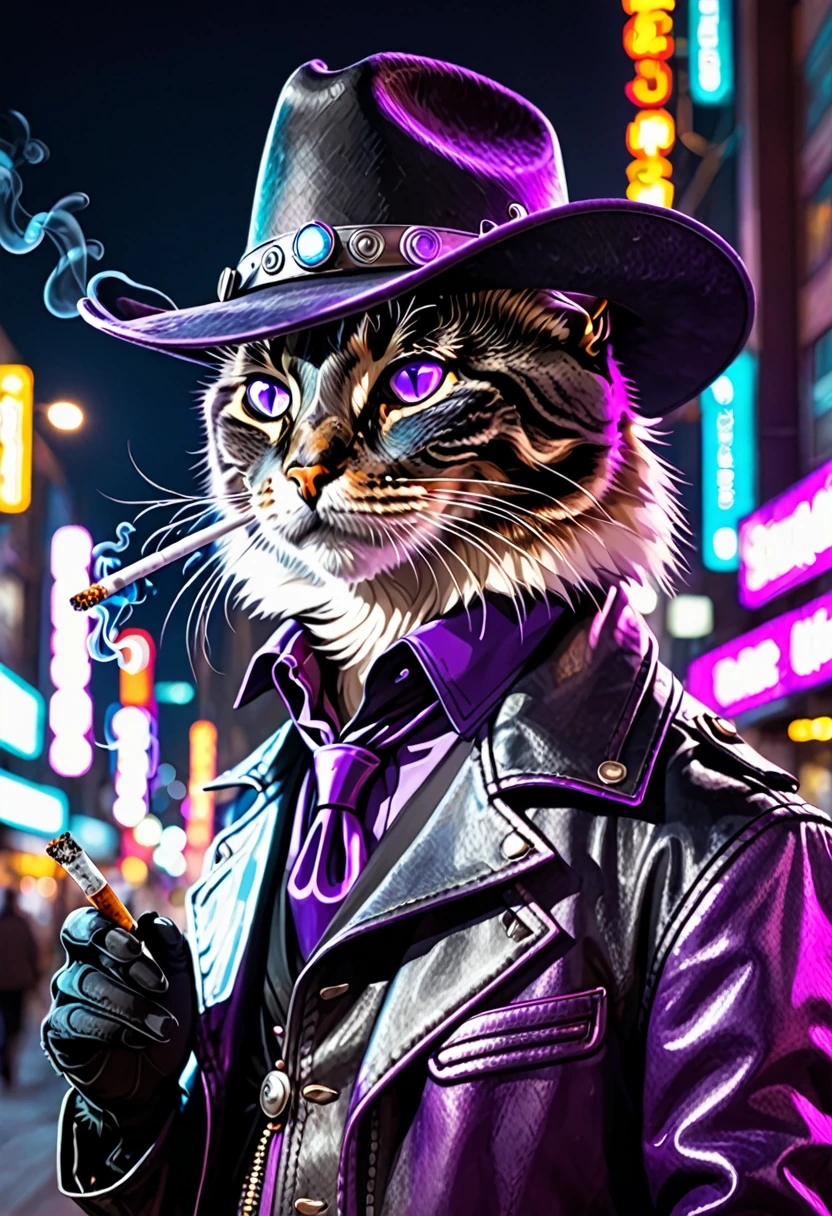 Anthropomorphic Cat with purple eyes wearing stetson cowboy hat smoking a cigarette in a cyberpunk city at night