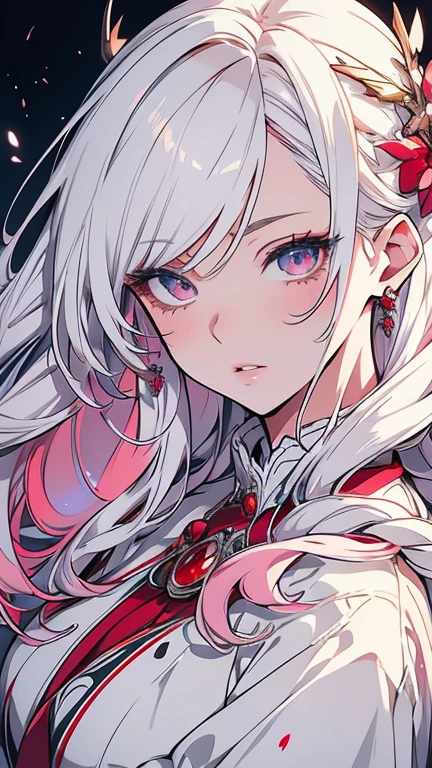 beautiful detailed eyes, beautiful detailed lips, extremely detailed eyes and face, longeyelashes, 1girl, white hair, anime style, hyper realistic, high quality, 8k, masterpiece, photorealistic, studio lighting, vivid colors, intricate details, elegant pose, soft lighting, cool color palette, cute and hot. White and pink, red . 