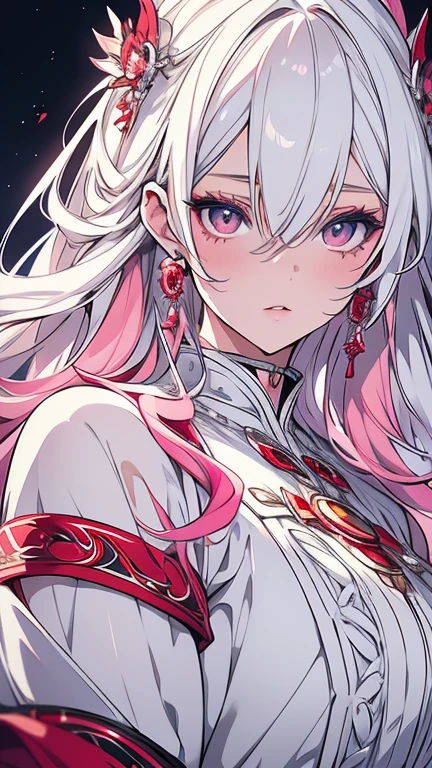 beautiful detailed eyes, beautiful detailed lips, extremely detailed eyes and face, longeyelashes, 1girl, white hair, anime style, hyper realistic, high quality, 8k, masterpiece, photorealistic, studio lighting, vivid colors, intricate details, elegant pose, soft lighting, cool color palette, cute and hot. White and pink, red . 