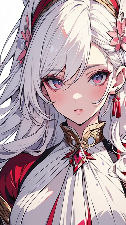 beautiful detailed eyes, beautiful detailed lips, extremely detailed eyes and face, longeyelashes, 1girl, white hair, anime style, hyper realistic, high quality, 8k, masterpiece, photorealistic, studio lighting, vivid colors, intricate details, elegant pose, soft lighting, cool color palette, cute and hot. White and pink, red . 