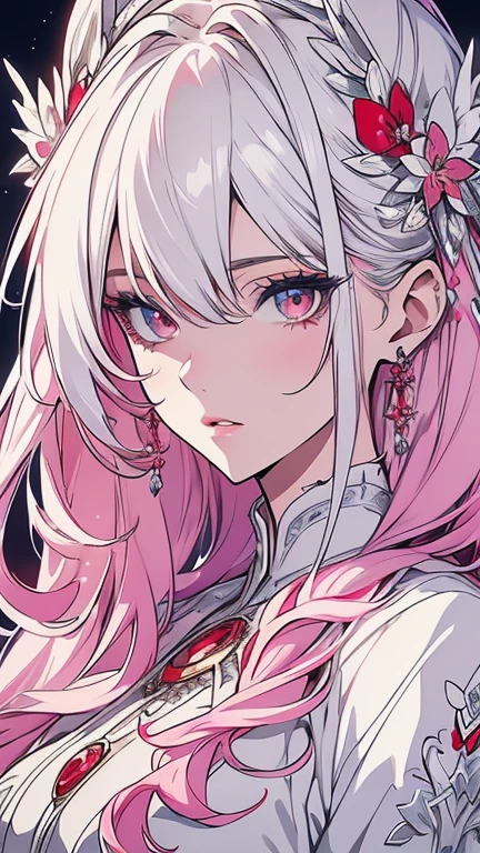 beautiful detailed eyes, beautiful detailed lips, extremely detailed eyes and face, longeyelashes, 1girl, white hair, anime style, hyper realistic, high quality, 8k, masterpiece, photorealistic, studio lighting, vivid colors, intricate details, elegant pose, soft lighting, cool color palette, cute and hot. White and pink, red . 