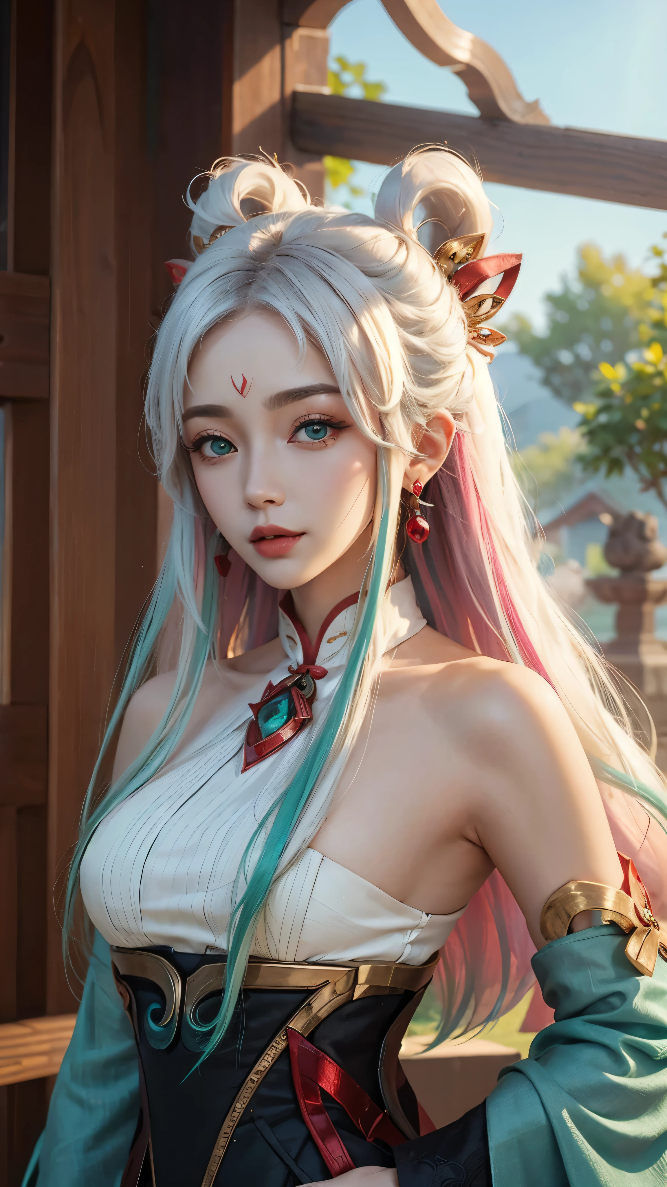 (masterpiece, best quality:1.2), intricate details, mythmaker irelia, 1girl, hair ornament, hair rings, bare shoulders, dress, detached sleeves, forehead mark, multicolored hair, white hair, earrings, green eyes, textured skin, looking at viewer, solo, light smile, (mature female:1.2)