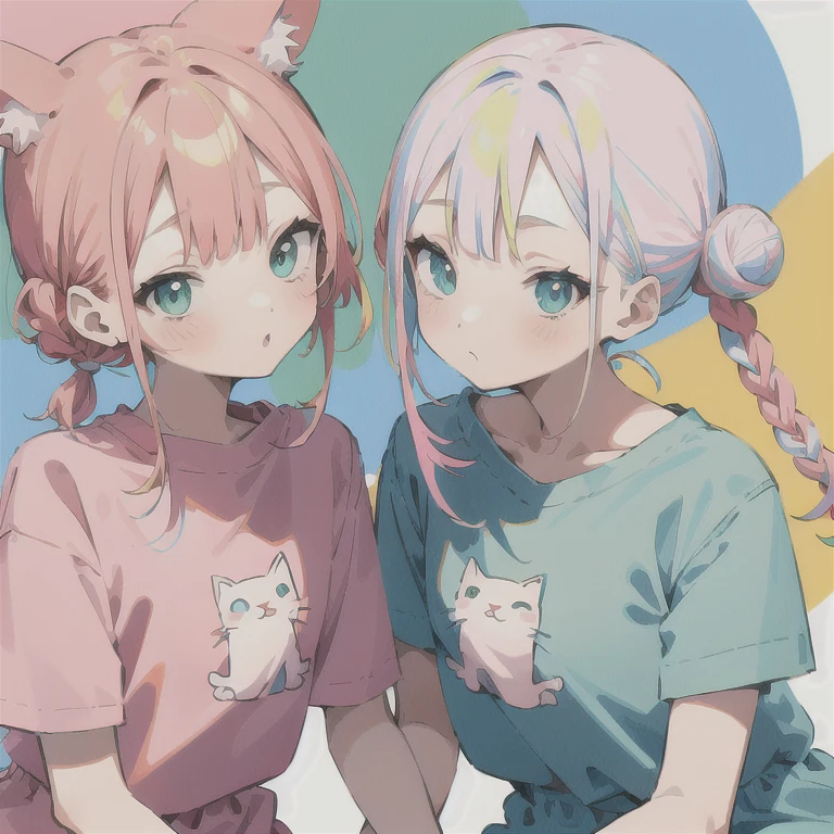 Cat and girl４people, Pink two-bun bob、Red Bob、Light blue long braids、Light green ponytail(Colorful and pop cute illustrations:1.3), SD