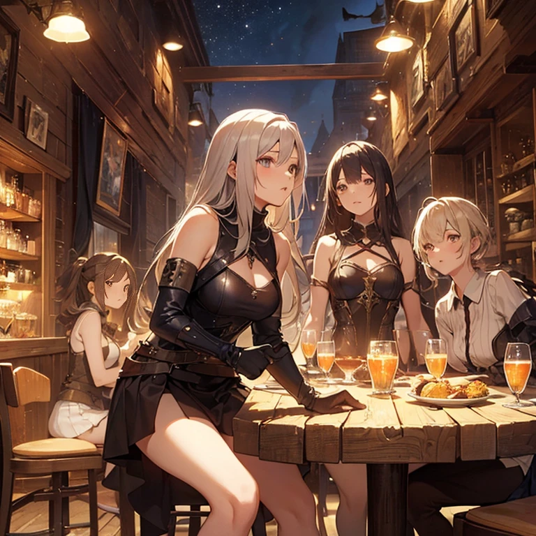 A group of  female medieval fantasy adventurers, (in tavern), various hair styles, harem, night, details face, short skirt, seducing, sleeveless, armor 