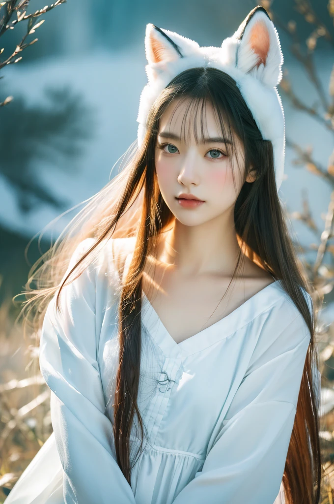 ( masterpiece, top quality, best quality,8k, girl,ultra detailed,raw photo:1.5),(photorealistic:1.4),(cinematic lighting), PerfectNwsjMajic, , Surrealism, UHD, ccurate, Super detail, textured skin, High detail, Best quality, dynamic angle, (high nose,White skin),[Beautiful blue eyes],[flat chest:large breasts:0.5],(1girl),(good anatomy:0.5)), Nine snow-white fox tails (1.0), Milky white fox tail (1.0), Close-up of nine-tailed fox, Nine tails, Nine tails，There are flowers on the hair, Very beautiful fox girl, Beautiful anime fox girl, Beautiful fantasy, guweiz, girl with fox ears, Very beautiful and charming fox girl, flower rain, The background  blurred, Artistic interpretation,a whimsical illustration, Subtle colors and tones, mystical aura, vixen , long hair