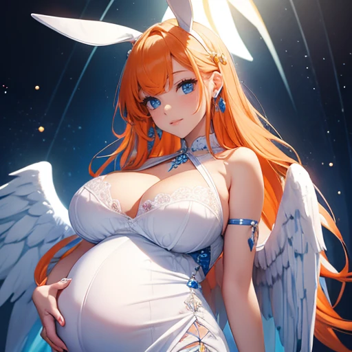 Beautiful pregnant female angel, elegant detailed and dress with blue details, blue gems, mature, buns, orange hair, piercing blue eyes, wants to have sex with me, cleae