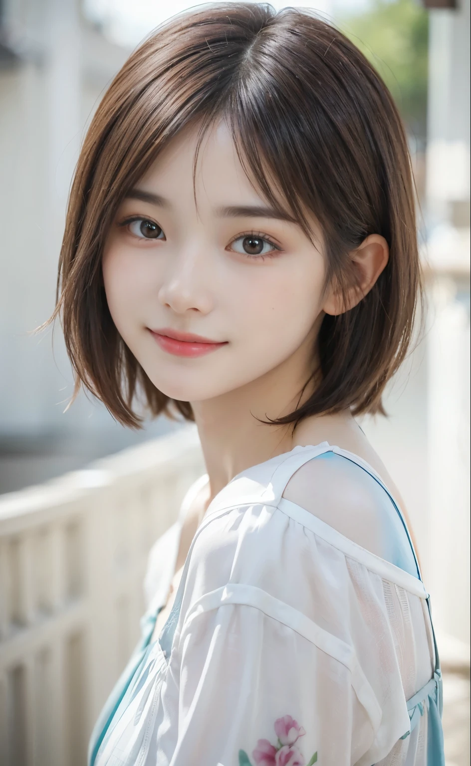 Look here and smile、masterpiece, 1girl in, solo, Luminous Eyes, Colorful summer clothes, , masterpiece, top-quality, realisitic, ultra-detailliert, blue-sky, , (extremely delicate and beautiful work), ((masuter piece)), (Best Quality), One lady, 18year old, (Sexually aroused face:1.4), ( Shoulder cut hair,(Fair skin:1.2), Bright lighting, Natural lighting, Realistic lighting, Lovely lips、delicated face、(realisitic、Photo_Realistic:1.4)、((top-quality、masterpiece:1.3))、20yr old、((Brown hair))、((the pose))、((Functional))、、Smile full of happiness、Poses that fascinate a man、seducing smile、short-hair、