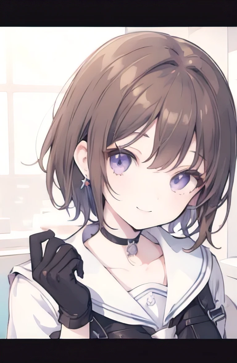 1girl, anime_coloring, black_eyes, black_gloves, brown_hair, choker, earrings, gloves, jewelry, letterboxed, parody, short_hair, smile, solo, style_parody,  