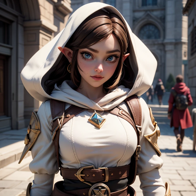 A full-body shot of depraved Princess Zelda, brown hair, blue eyes, dressed as an Assassin from Assassins Creed, in white+gold witha white mask and hood with gold details, XL bust, using a wrist blade. Background: A city during the renaissance period. Unreal Engine 5, Anime, Anime style, Masterpiece, Well drawn eyes, well drawn face, well detailed eyes, well detailed face, 8k, light and shadow effect.