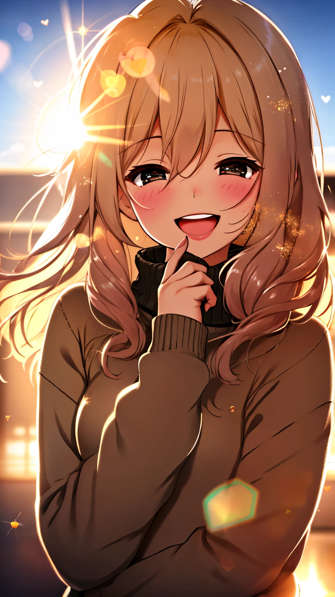 A girl, Wear a cozy sweater, Upper Body, (laughing out loud:1.1), (open mouth:1.1), (Keep your eyes open:1.2), Sun glare, Bokeh, Depth of Field, Blurred background, Light Particles, gale, (heart particles:1.1)