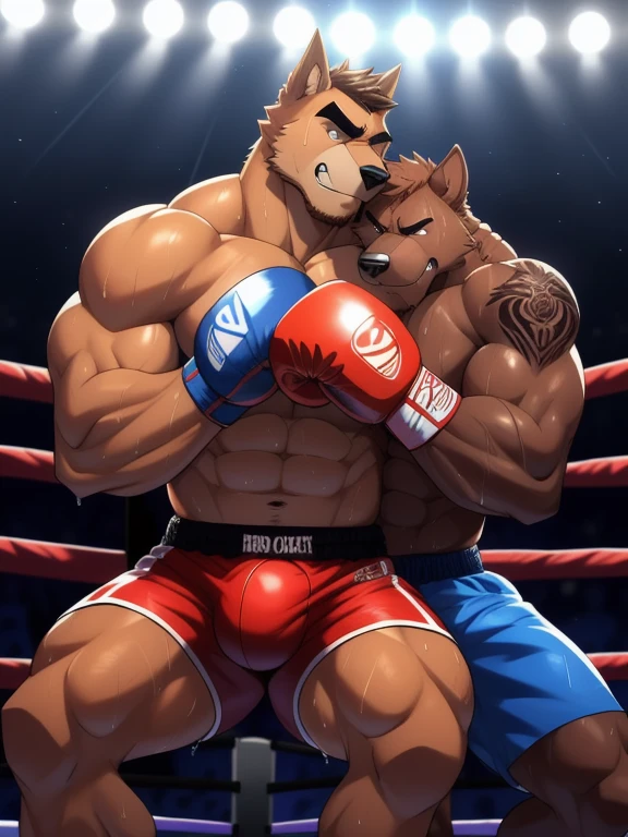 Duo male(Brown Dog vs Brown Dog, handsomes, perfect eyes, Thick eyebrows), gay(sitting on his bulge, cuddling embraced from behind, in a boxing match), hot(Shirtless), handsomes(They are handsomes, correct anatomy), musculosos(Big muscle bodies, Six packs, muscle abs, big pecs, muscle backs, muscle legs), sweaty(very sweaty wet bodies, shiny sweat), tatuajes(they have tattoos), Angry(Both have an angry expression), Boxing gloves(They both are wearing red boxing gloves), boxing shorts(They are wearing boxing shorts), Hight resolution