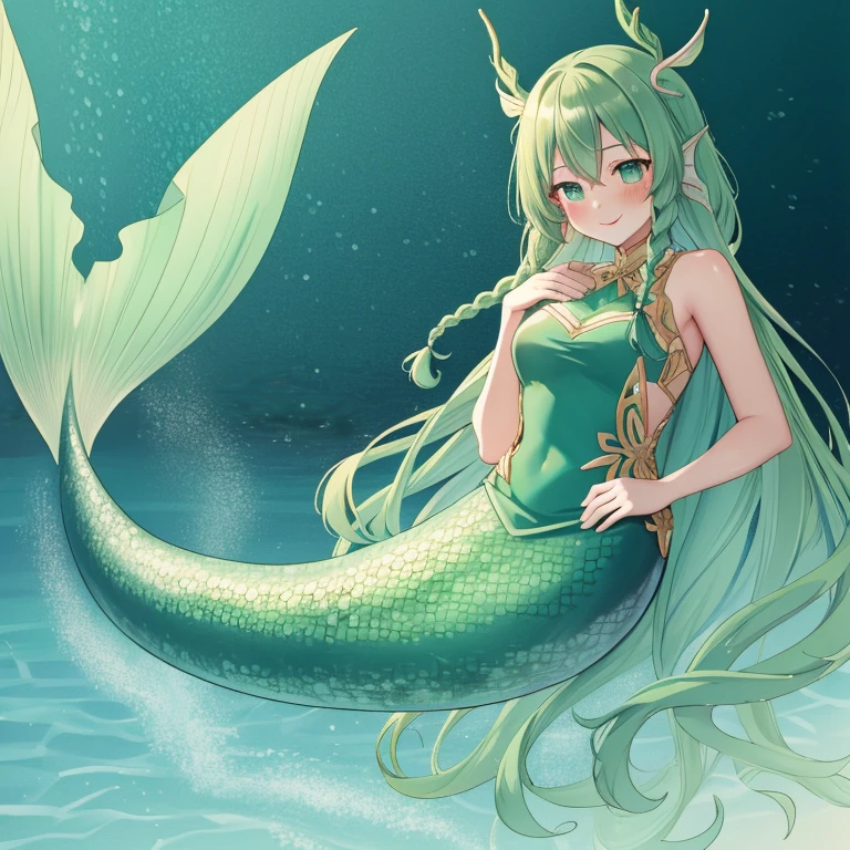 full body, underwater, long mermaid tail below waistline, green fish scales on skin, Highres, Masterpiece, Best quality at best,Best Quality,hight quality, hight detailed, venti, long hair, braids, smile, blush, long dress,