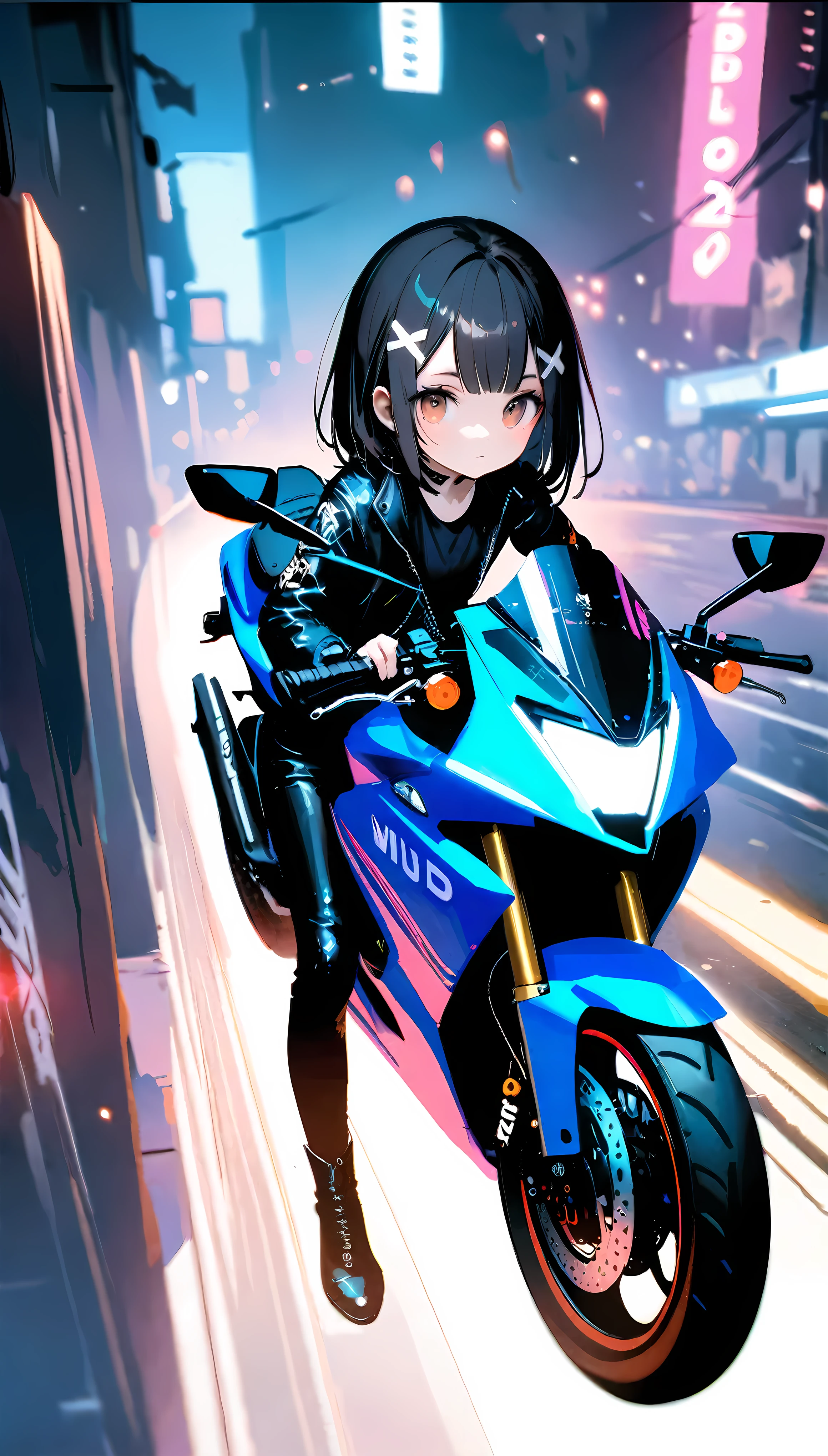 [artist:ningen_mame],[artist:sho_(sho_lwlw)],[artist:mignon],[artist:kedama milk],[artist:ask_(askzy)],artist:wanke,artist:wlop,artist:fujiyama,year 2024,8k,cyberpunk style,1girl,(Miyu Edelfelt),black hair,brown eyes,small chest,x hair ornament,Tight leather jacket and leather pants cover the whole body,High-heeled leather boots,(riding purple Honda BR600RR motorcycle),Beautiful,Glowing special effects,celluloid style,Flat coating,HD,CG art,comics,8K,looking into camera,high quality,illustration,Vaporwave style,rim light,movie lighting,Super detailed,complex,OC renderer,cinematic perspective,high resolution