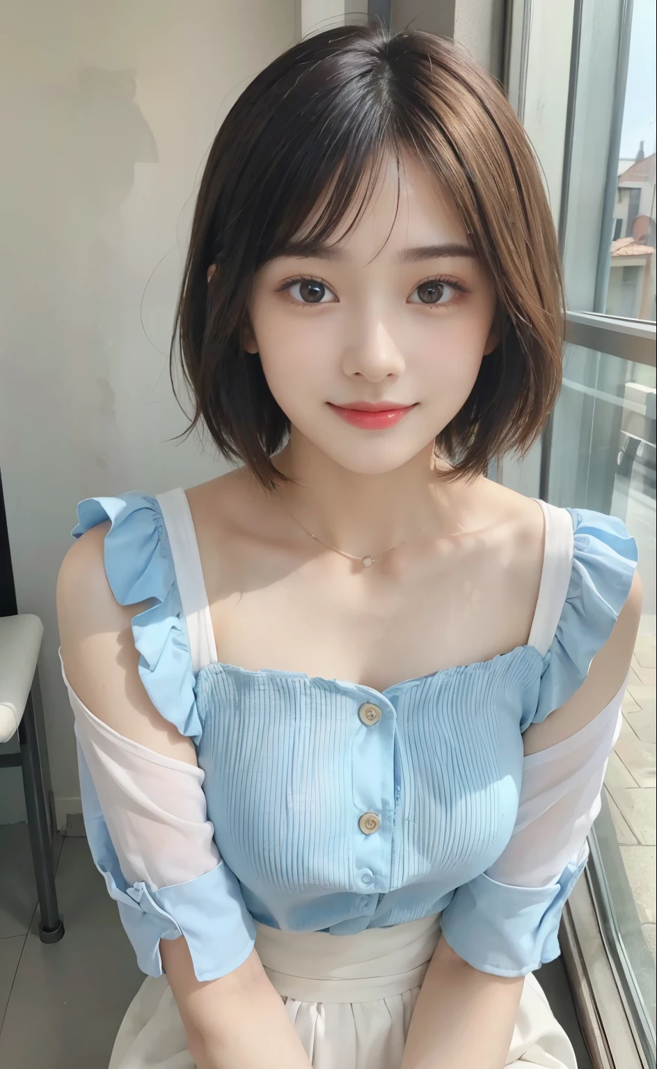 Look here and smile、​masterpiece, 1girl in, solo, Luminous Eyes, Colorful summer clothes,  , ​masterpiece, top-quality, realisitic, ultra-detailliert, blue-sky, ,  (extremely delicate and beautiful work), ((masuter piece)), (Best Quality),  One lady, 18year old,   (Sexually aroused face:1.4), ( Shoulder cut hair,(Fair skin:1.2), Bright lighting, Natural lighting, Realistic lighting, Lovely lips、delicated face、(realisitic、Photo_Realistic:1.4)、((top-quality、​masterpiece:1.3))、20yr old、((Brown hair))、((the pose))、((Functional))、、Smile full of happiness、Poses that fascinate a man、seducing smile、short-hair、