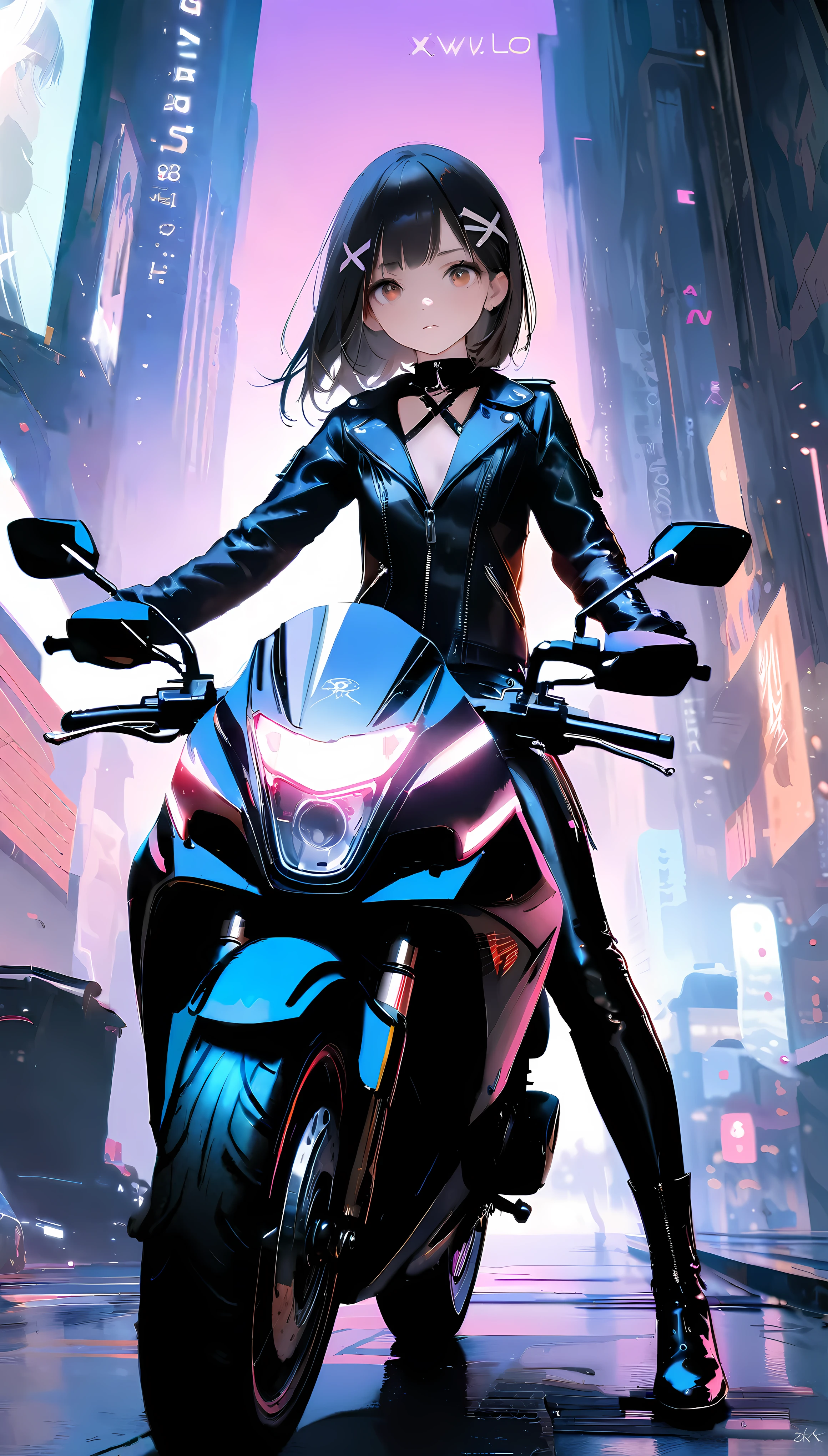 [artist:ningen_mame],[artist:sho_(sho_lwlw)],[artist:mignon],[artist:kedama milk],[artist:ask_(askzy)],artist:wanke,artist:wlop,artist:fujiyama,year 2024,8k,cyberpunk style,1girl,(Miyu Edelfelt),black hair,brown eyes,small chest,x hair ornament,Tight leather jacket and leather pants cover the whole body,High-heeled leather boots,(riding purple Honda motorcycle),Beautiful,Glowing special effects,celluloid style,Flat coating,HD,CG art,comics,8K,looking into camera,high quality,illustration,Vaporwave style,rim light,movie lighting,Super detailed,complex,OC renderer,cinematic perspective,high resolution