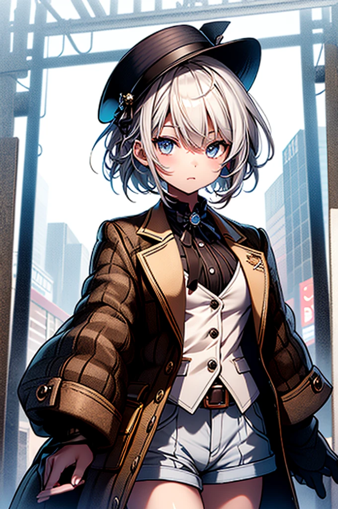 One girl、highest quality、VTuber - whole body、Milky white short hair、masterpiece、Official Art、The best configuration、Long straight hair with milky white top and blue tips、Sherlock Holmes costumes、Brown and dark brown checked herringbone hat、A poncho with the same pattern as the hat、Brown spring coat、White shirt and shorts with the same pattern as the hat、magnifying glass、Detective、Pocket watch hanging around neck、Stand in front of the audience、Simple Background、