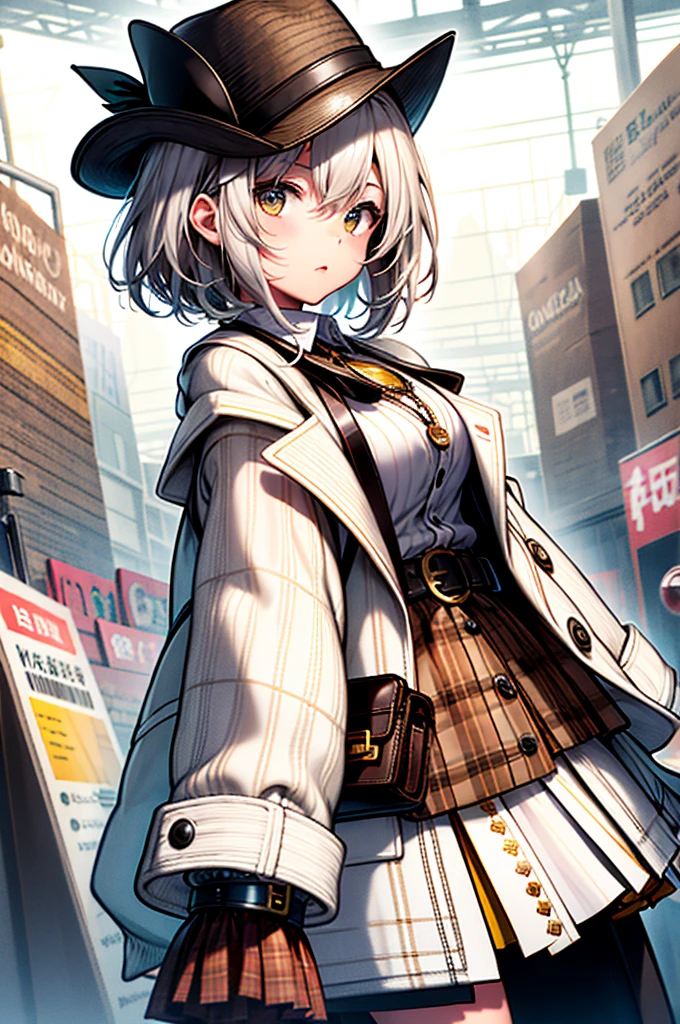 One girl、highest quality、VTuber - whole body、Milky white short hair、masterpiece、Official Art、The best configuration、Long straight hair with milky white top and blue tips、Sherlock Holmes costumes、Brown and dark brown checked herringbone hat、A poncho with the same pattern as the hat、Brown spring coat、White shirt and shorts with the same pattern as the hat、magnifying glass、Detective、Pocket watch hanging around neck、Stand in front of the audience、Simple Background、