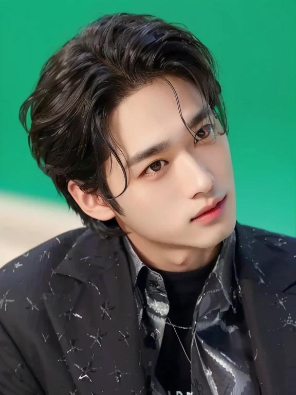 Hay un hombre con corbata y camisa negra, Minho of Stray Kids inspirado en Minho of Stray kids un hombre guapo,pelo corto negro, pale korean adorable face, artista coreano, young angel, muy palido, ojos serios, ojos grandes, labios carnosos y lindos, ojos color claro