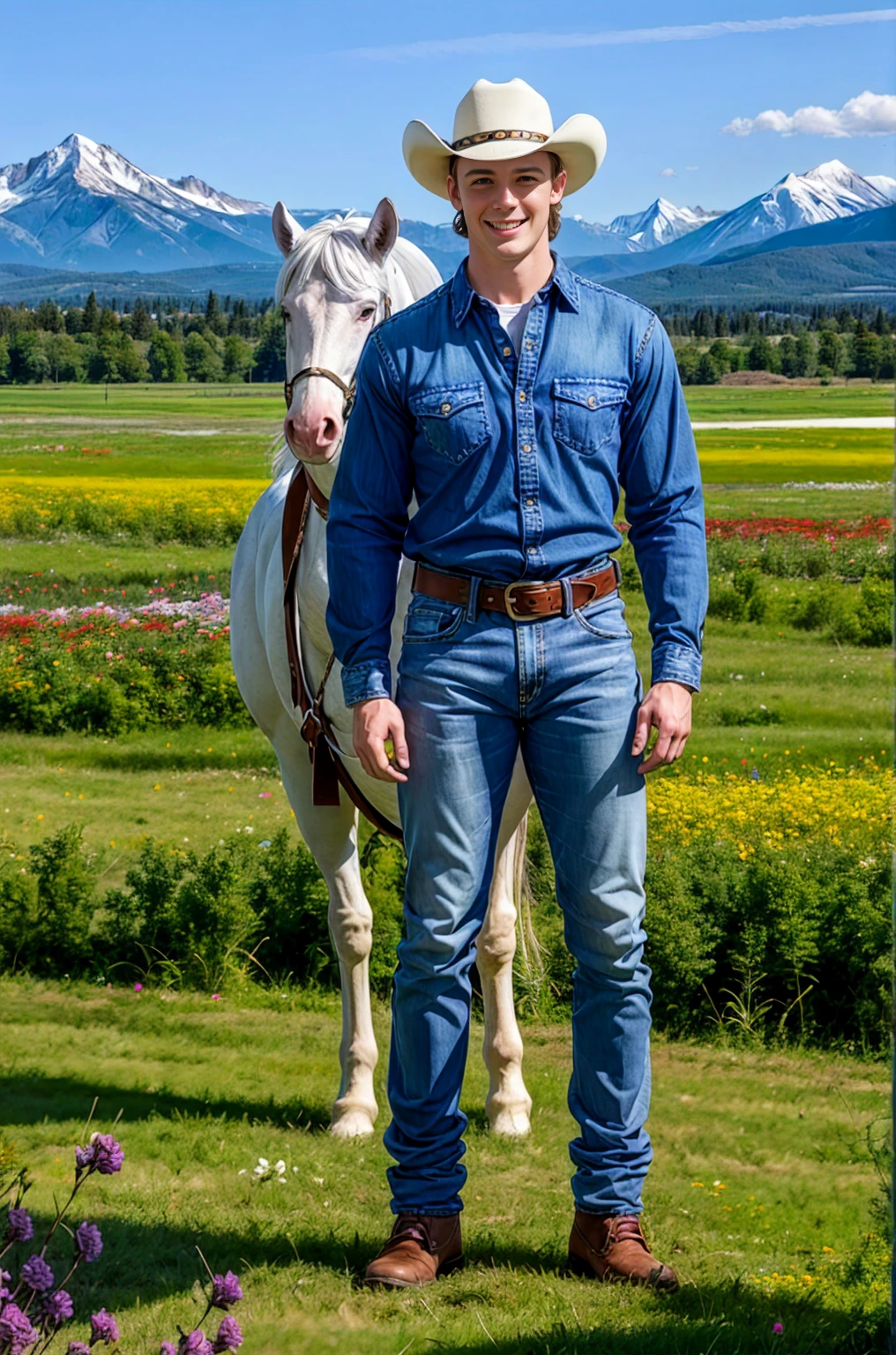 outdoor, Standing on a meadow full of wild flowers，A tall white horse stood beside him., Dustin Kane, Smile, Sexy denim, Cowboy hat, red plaid shirt, Denim blue jeans, belt, shiny silver belt buckle, (((Full body portrait))), Wide Angle, (looking at the audience) background mountains