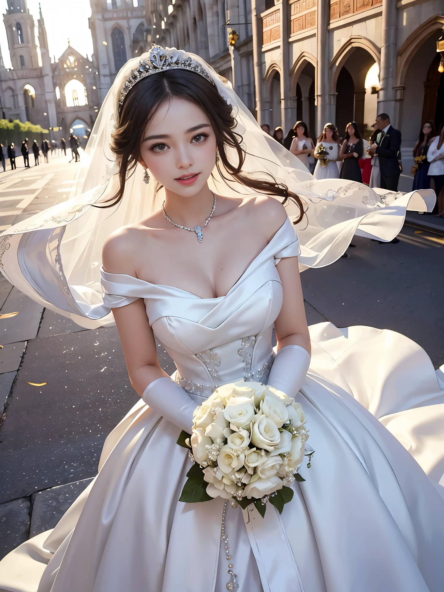 best quality, masterpiece, 1 girl, huge laugh, cute teen, shiny lips, sweet, sun glare, Conservative attire, Beaded bell-line wedding dress, white gloves, bouquet, bridal tiara, depth of field, blurred background, Cathedral Background, light particles, strong wind, head tilt