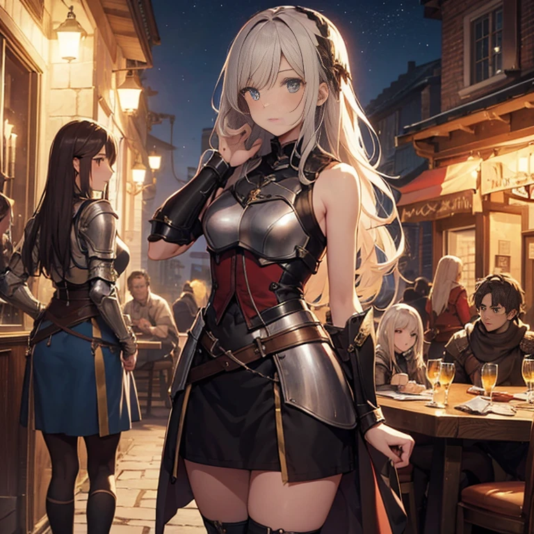 A group of  female medieval fantasy adventurers, (in tavern), various hair styles, harem, night, details face, short skirt, seducing, sleeveless, armor 